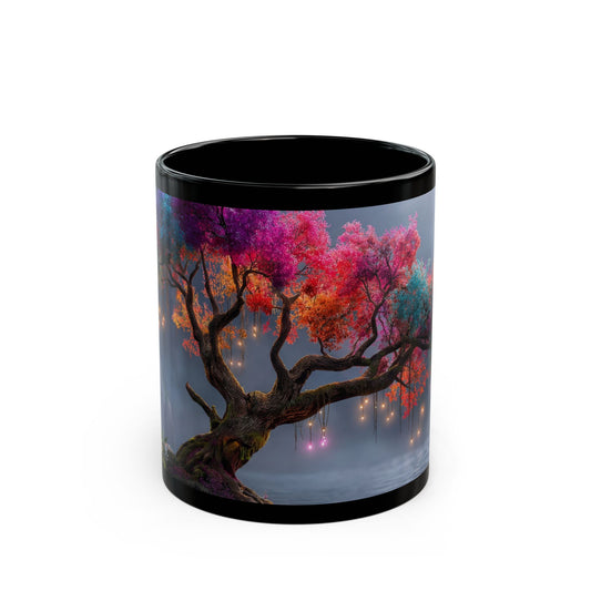 Chromatic Dream Tree Black Mug – Midnight Bloom & Lantern Glow