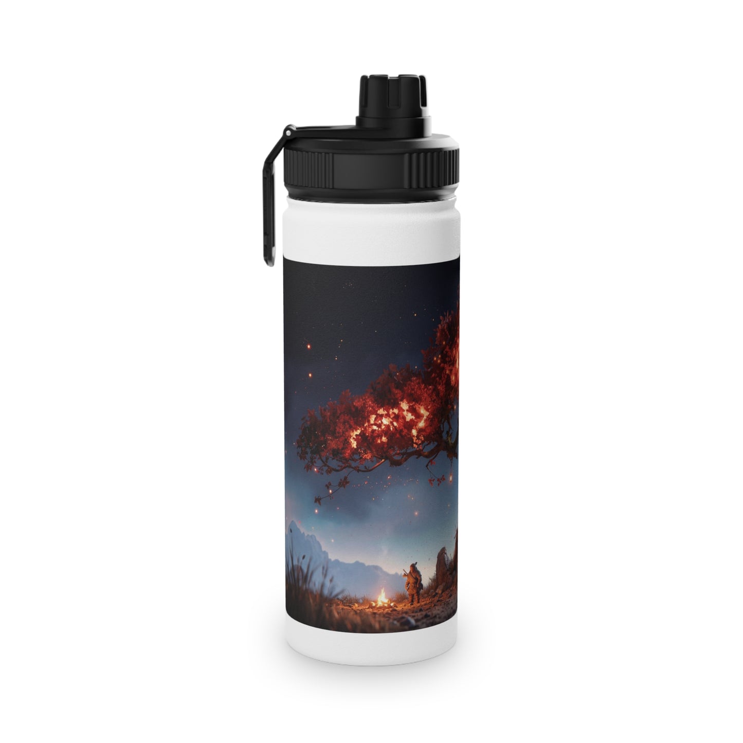 Whispering Ember Tree Stainless Steel Water Bottle, Sports Lid – Moonlit Campfire Sanctuary