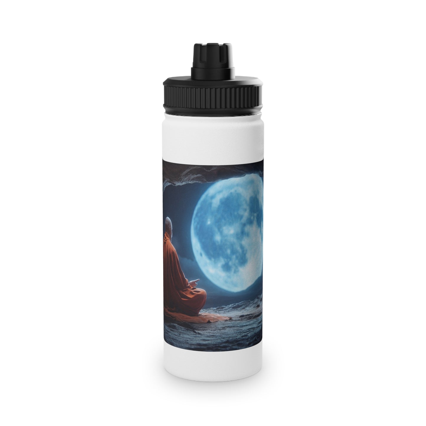 Moonlit Monk Stainless Steel Water Bottle, Sports Lid – Serene Cave Meditation Scene