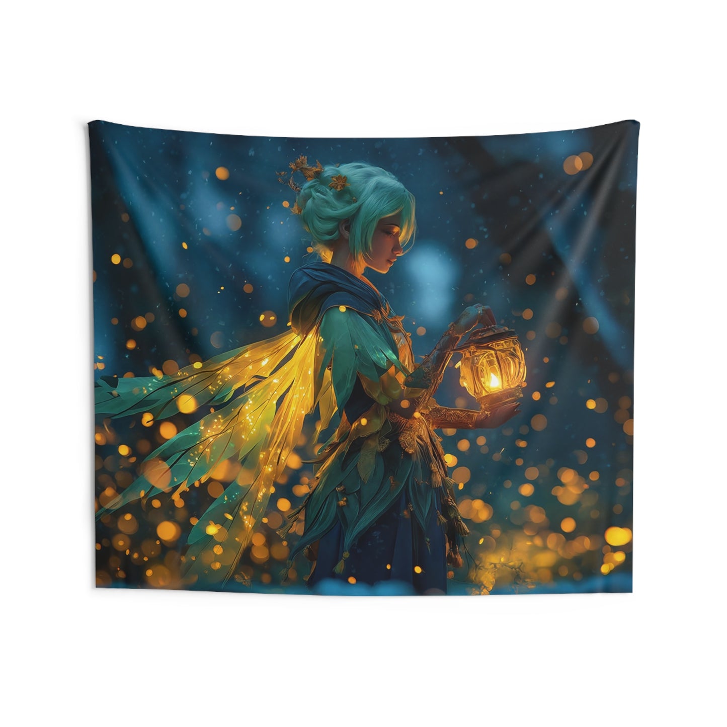Forest Guardian with Lantern Indoor Wall Tapestries – Whispering Glow in Twilight Woods