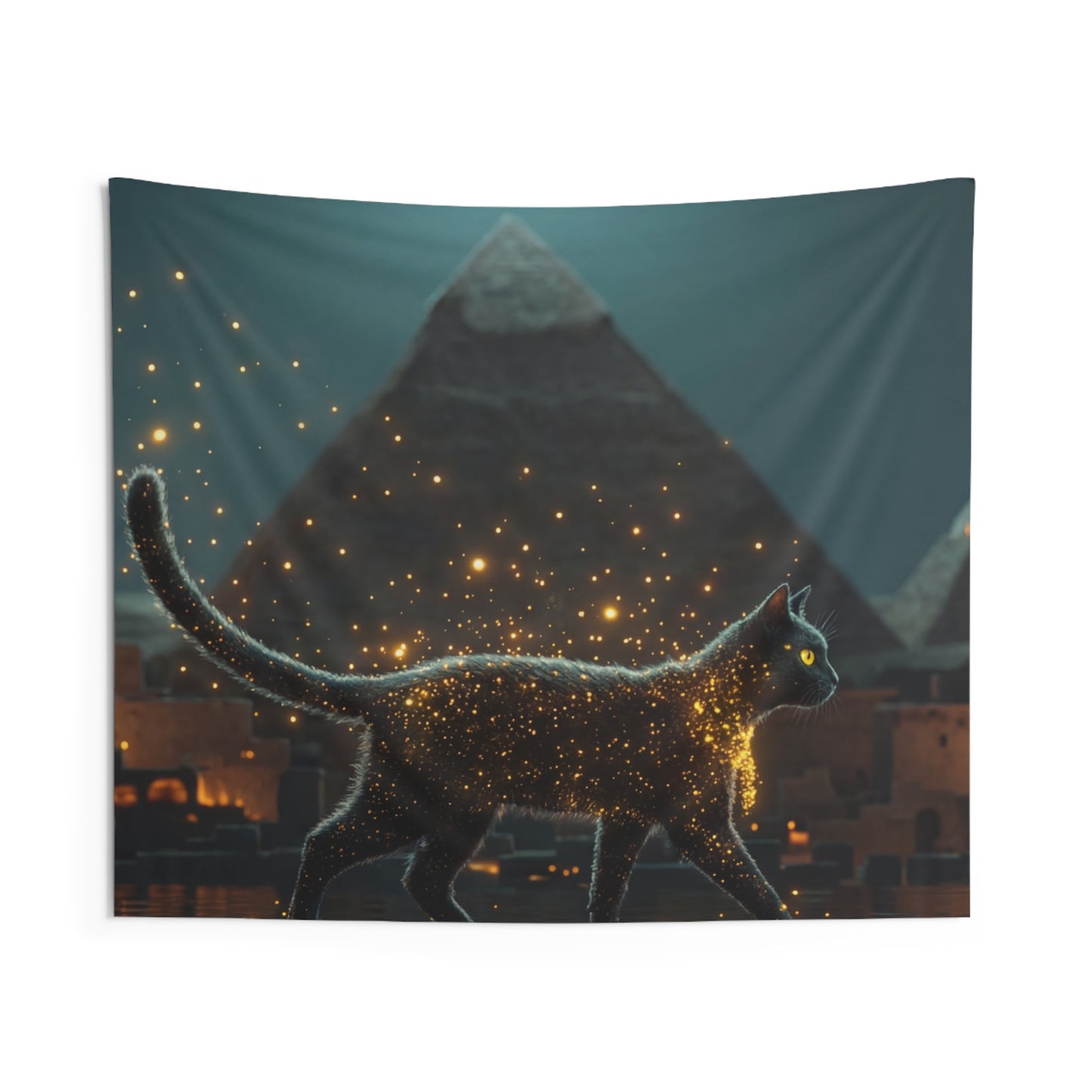 Starlit Cat by Pyramids Indoor Wall Tapestries – Midnight Magic in the Nile
