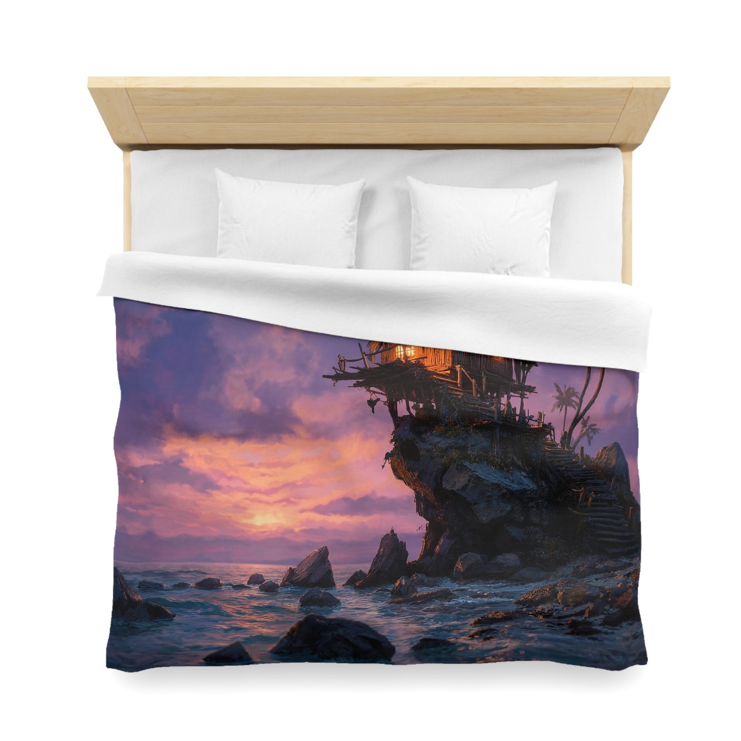Cliffside Lighthouse Cottage Duvet Cover – Warm Light Against Twilight Seas