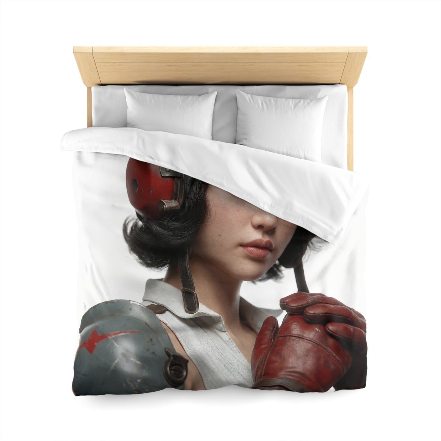 Vintage Pilot Portrait Microfiber Duvet Cover – Crimson Goggles & Steel Helm