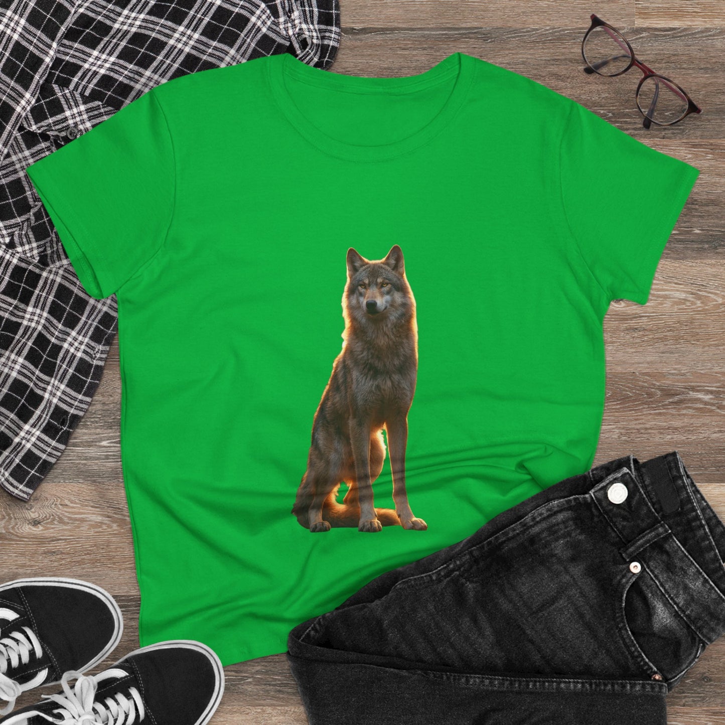Golden Hour Wolf Women's Midweight Cotton Tee – Sentient Silhouette on Black