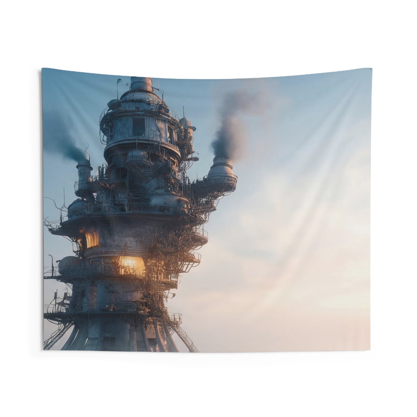 Steamforged Tower Indoor Wall Tapestries – Dusk Over the Iron Sentinel