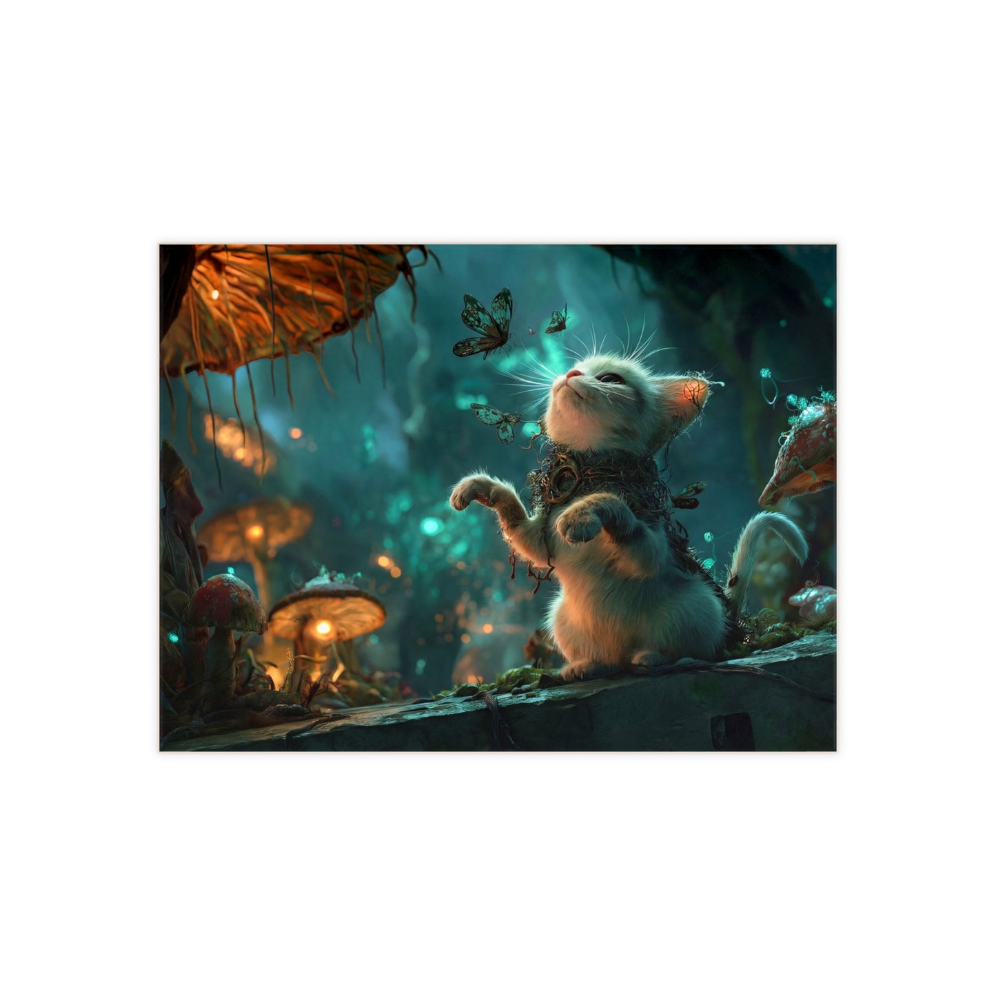 Enchanted Forest Kitten Ceramic Photo Tile – Whispering Butterflies and Glowing Fungi