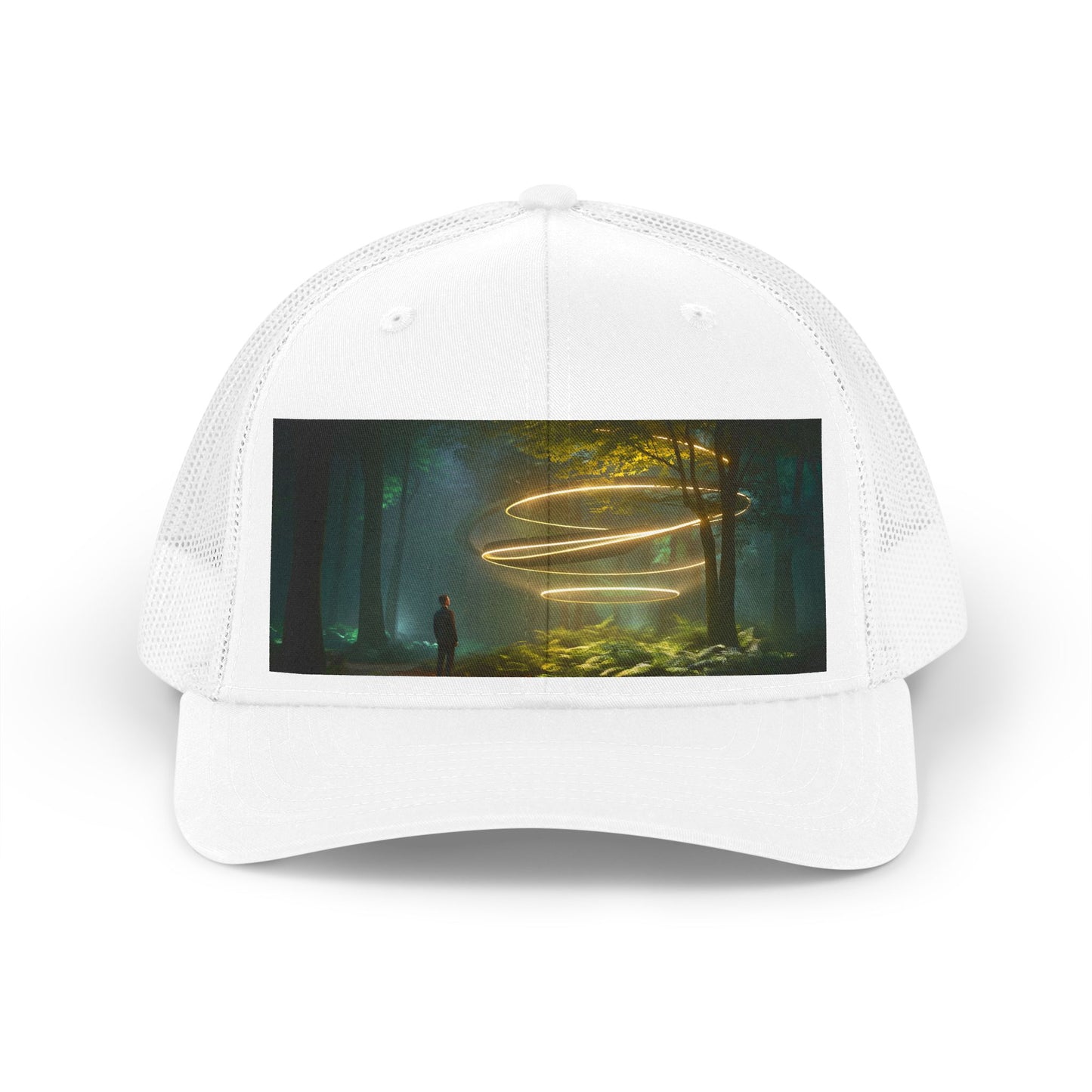 Golden Spiral Trucker Retro Hat – Forest Light Vortex Cap