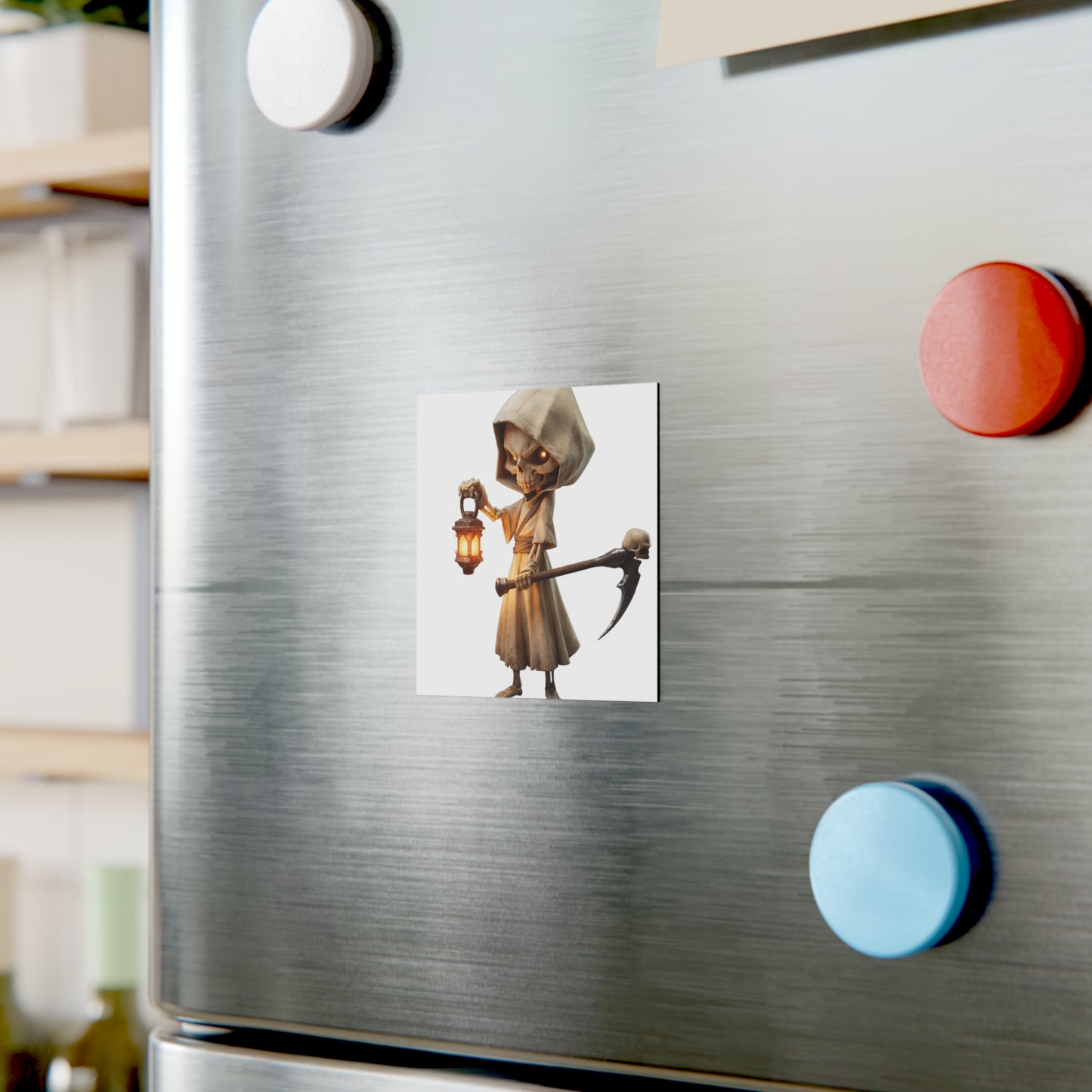 Lantern-Bearing Sentinel Square Magnet – Hooded Skeleton Guardian