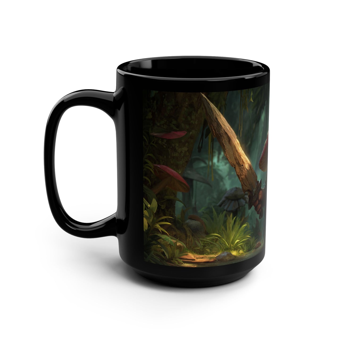 Mushroom Knight Black Mug, 15oz – Verdant Guardian with Sword