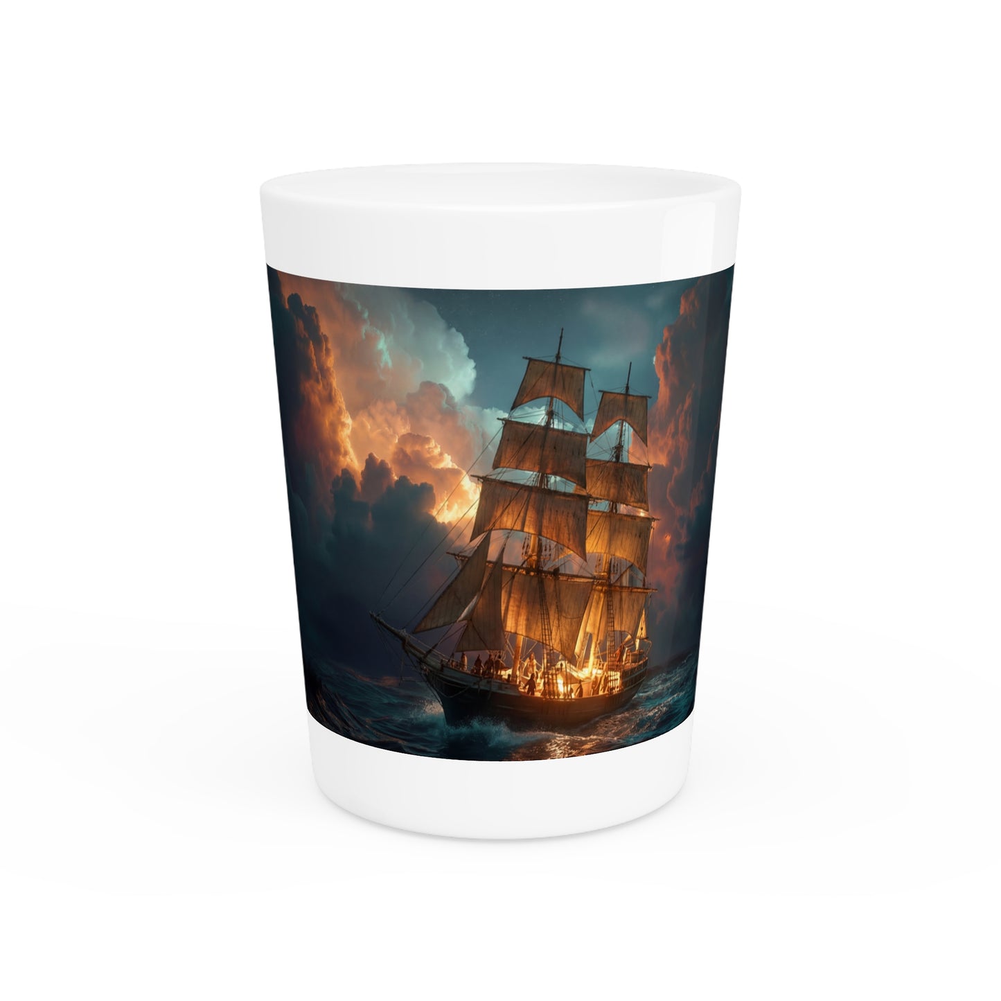 Stormbound Galleon Shot Glass – Golden Sails Against Burning Clouds