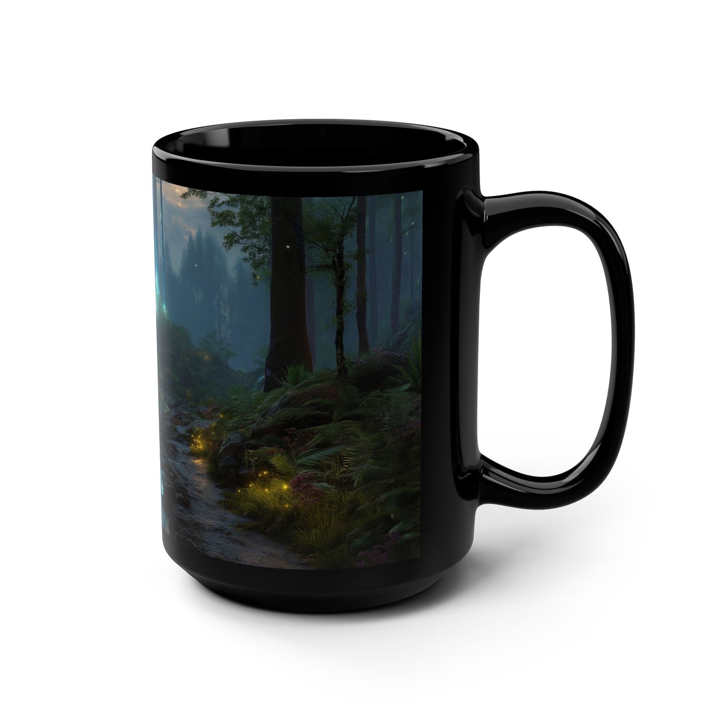 Bioluminescent Forest Stream Mug – Glowing Tree Reflections Black Ceramic