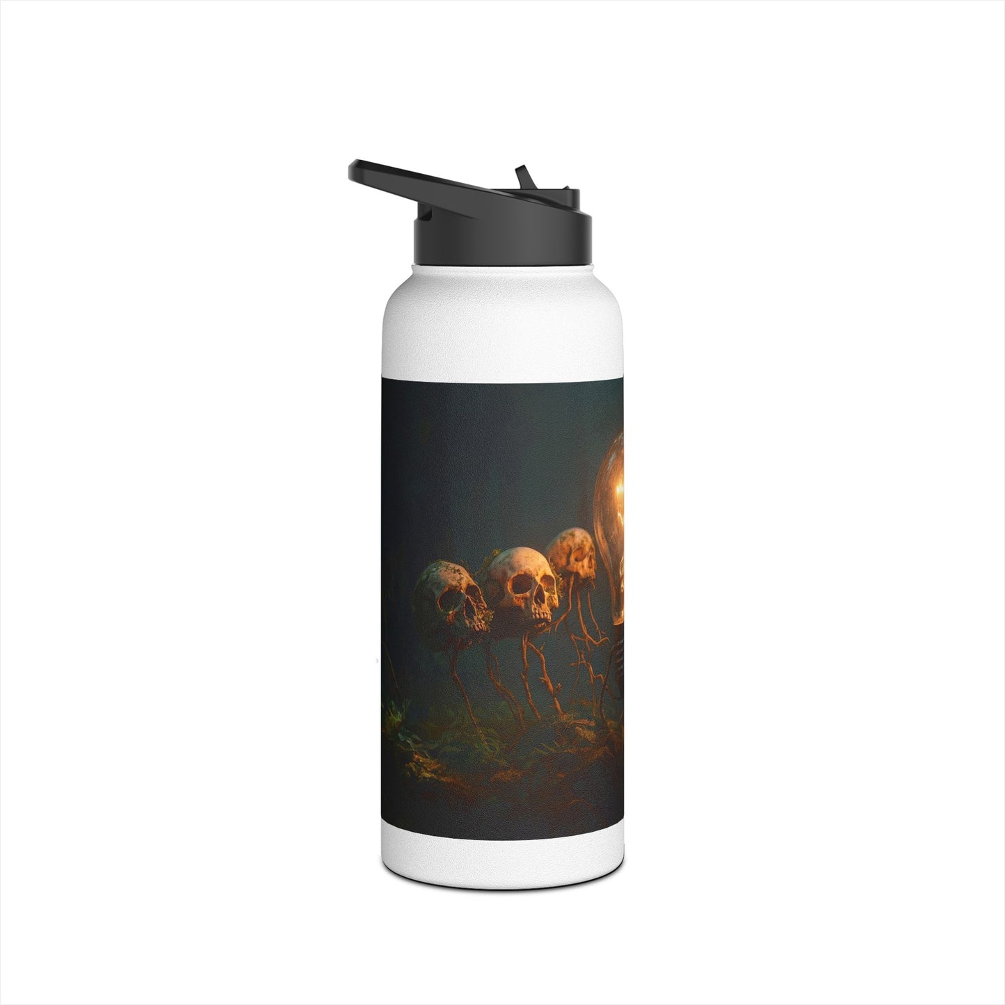 Glowing Lightbulb in Haunted Forest Stainless Steel Water Bottle, Standard Lid – Illuminated Wisdom Among the Ancient Bones