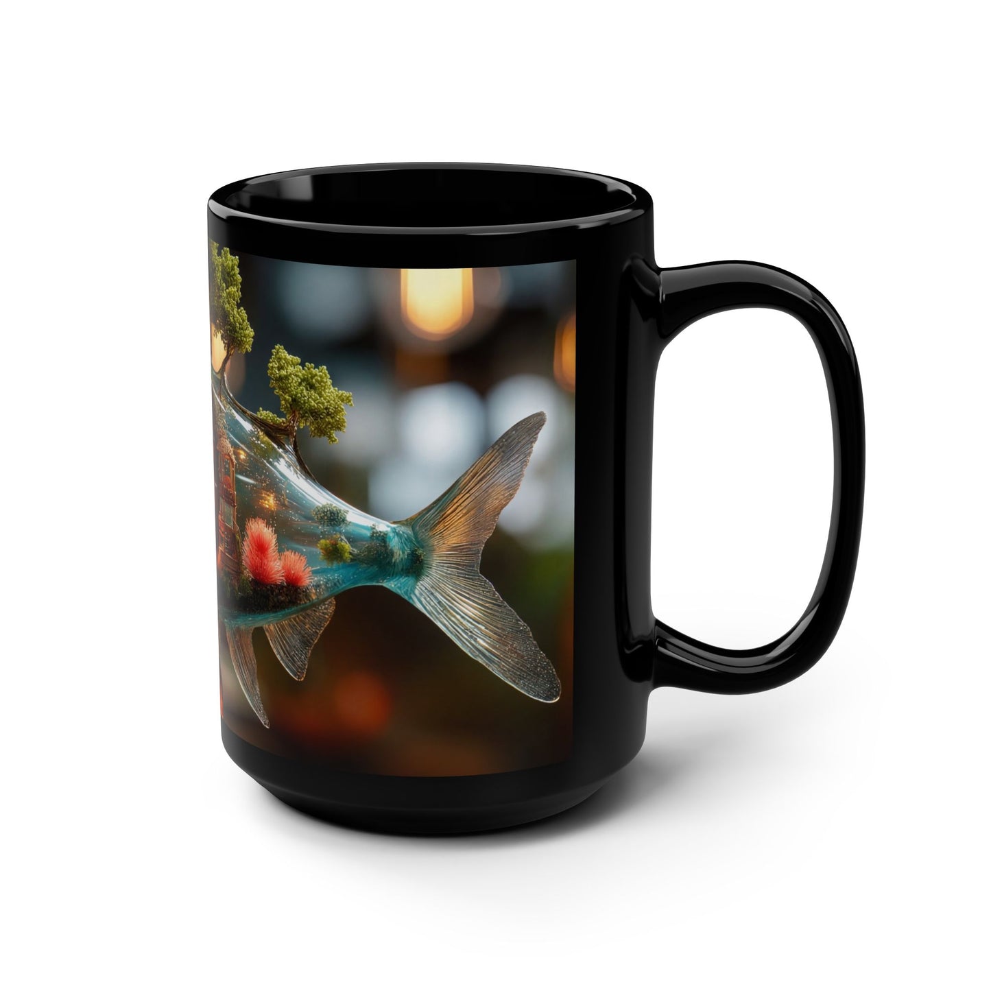 Forest Within Fish Black Mug, 15oz – Liquid Dreamscape Sanctuary