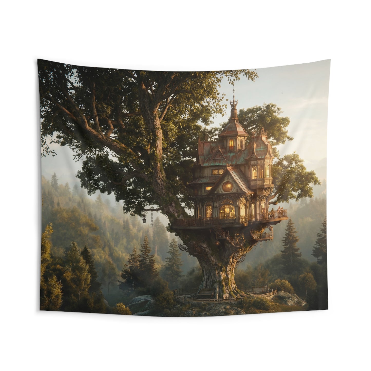 Treehouse Sanctuary Indoor Wall Tapestries – Golden Hour Forest Retreat