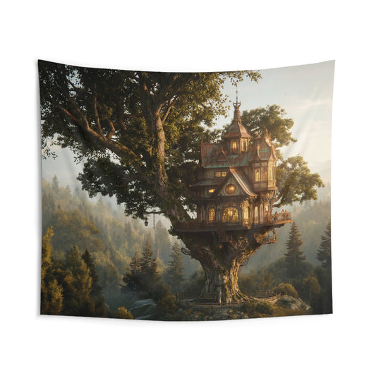 Treehouse Citadel Indoor Wall Tapestries – Sunlit Grove Sanctuary