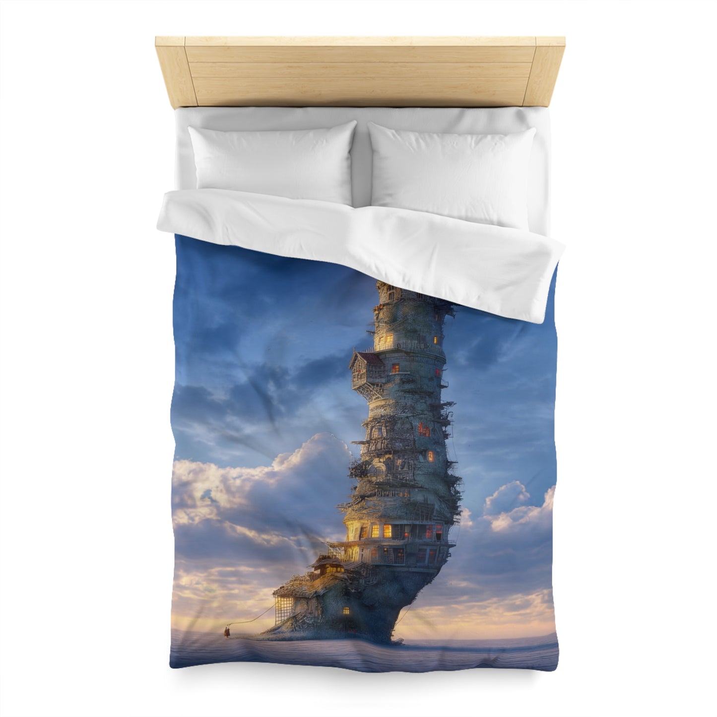 Skyward Lighthouse Microfiber Duvet Cover – A Beacon Through Twilight Clouds
