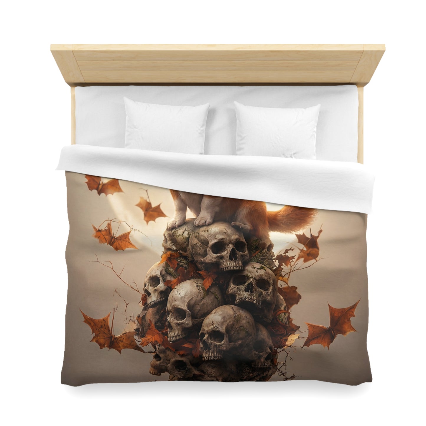 Winged Corgi Over Skulls Duvet Cover – Autumn Moonlight Sentinel