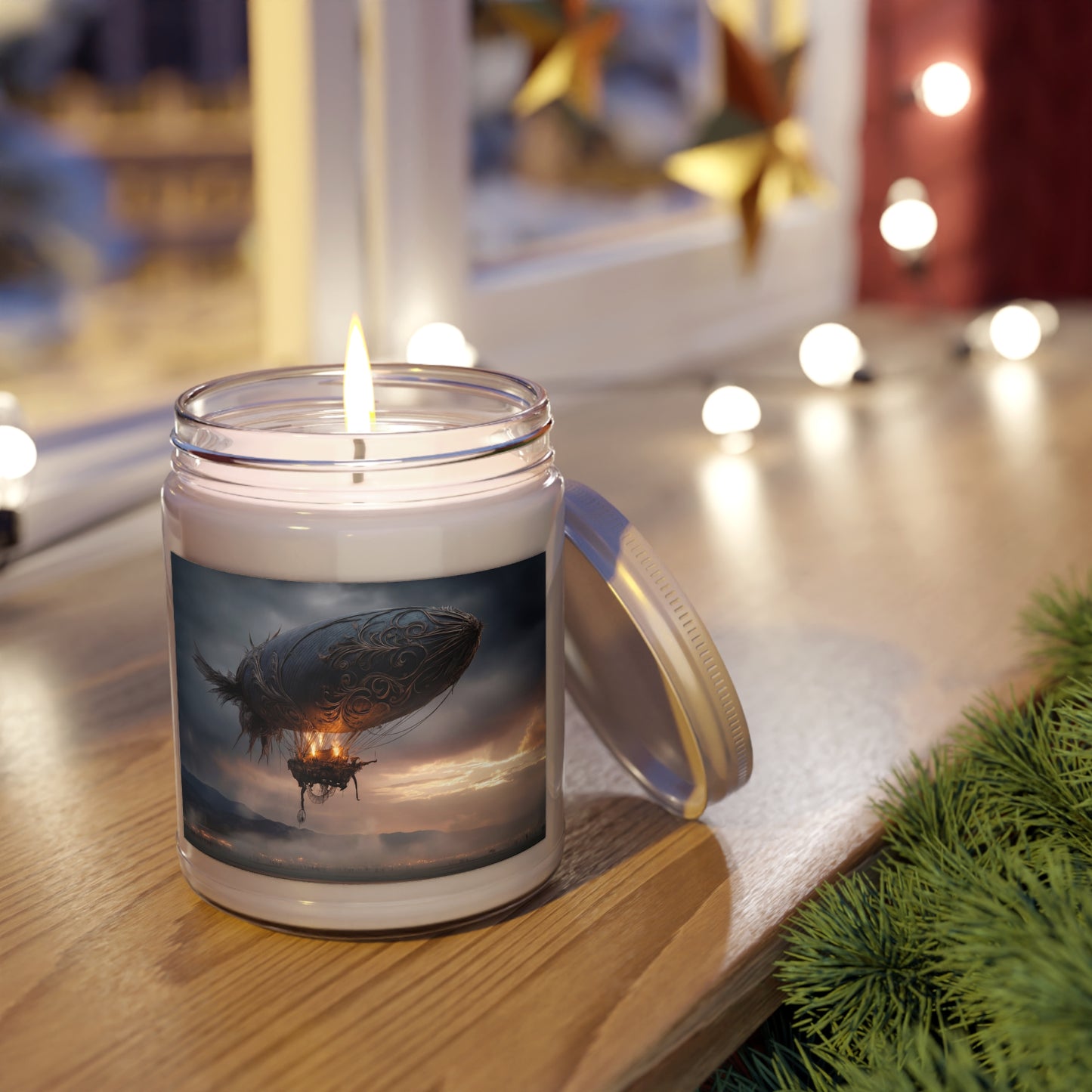 Gilded Airship Scented Soy Candles with White Lid, 9oz – Sunset Voyage Through Storm Skies