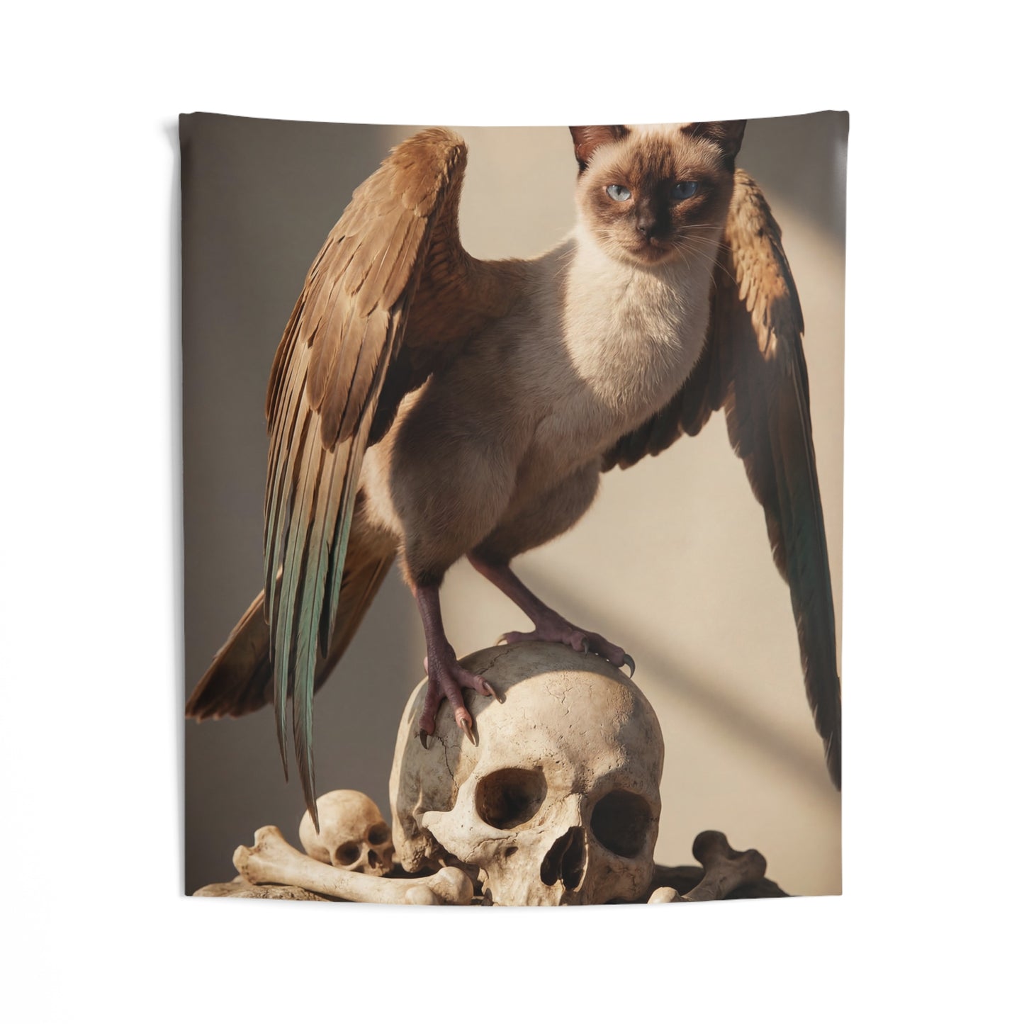 Winged Siamese Cat Wall Tapestry – Sunlit Guardian of Bone