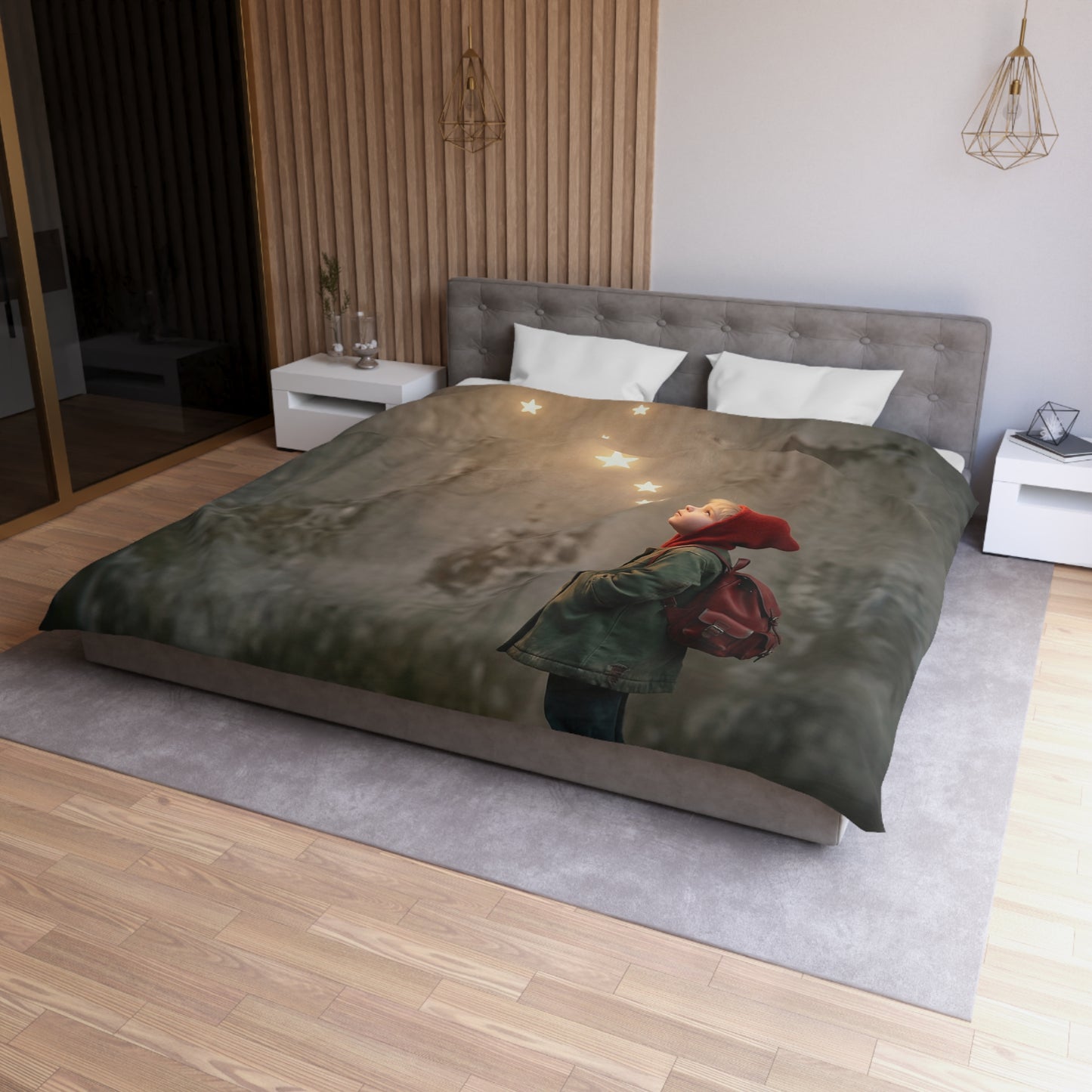 Star-Seeking Child Microfiber Duvet Cover – Warm Glow Against Weathered Stone