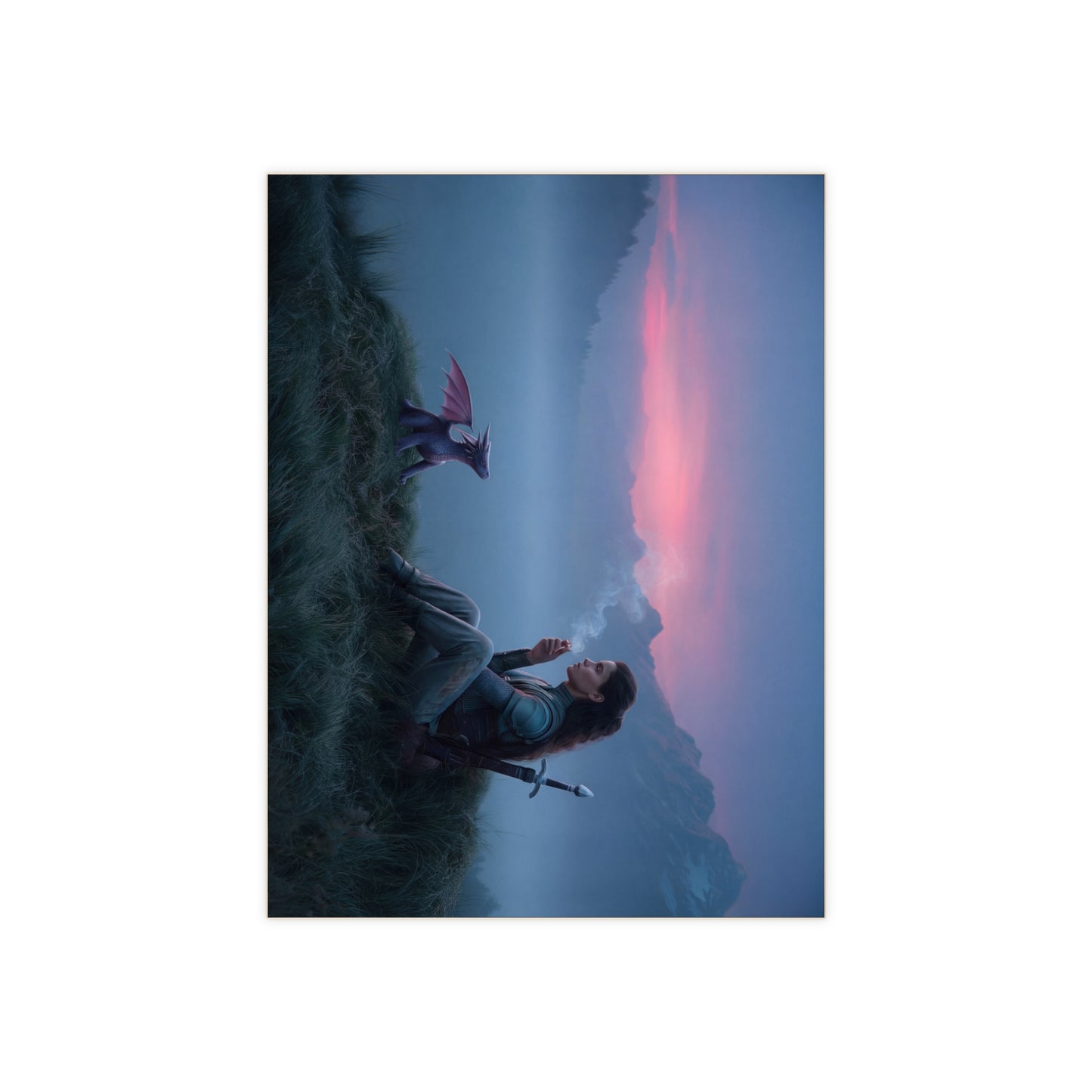 Warrior and Dragon Sunset Ceramic Photo Tile – Quiet Moments with a Companion
