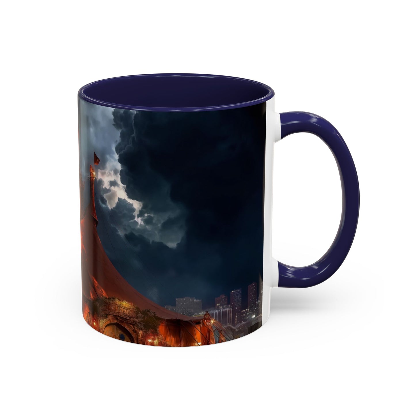 Crimson Circus Tent Accent Coffee Mug (11, 15oz) – Neon Nightscape Under Thunderclouds