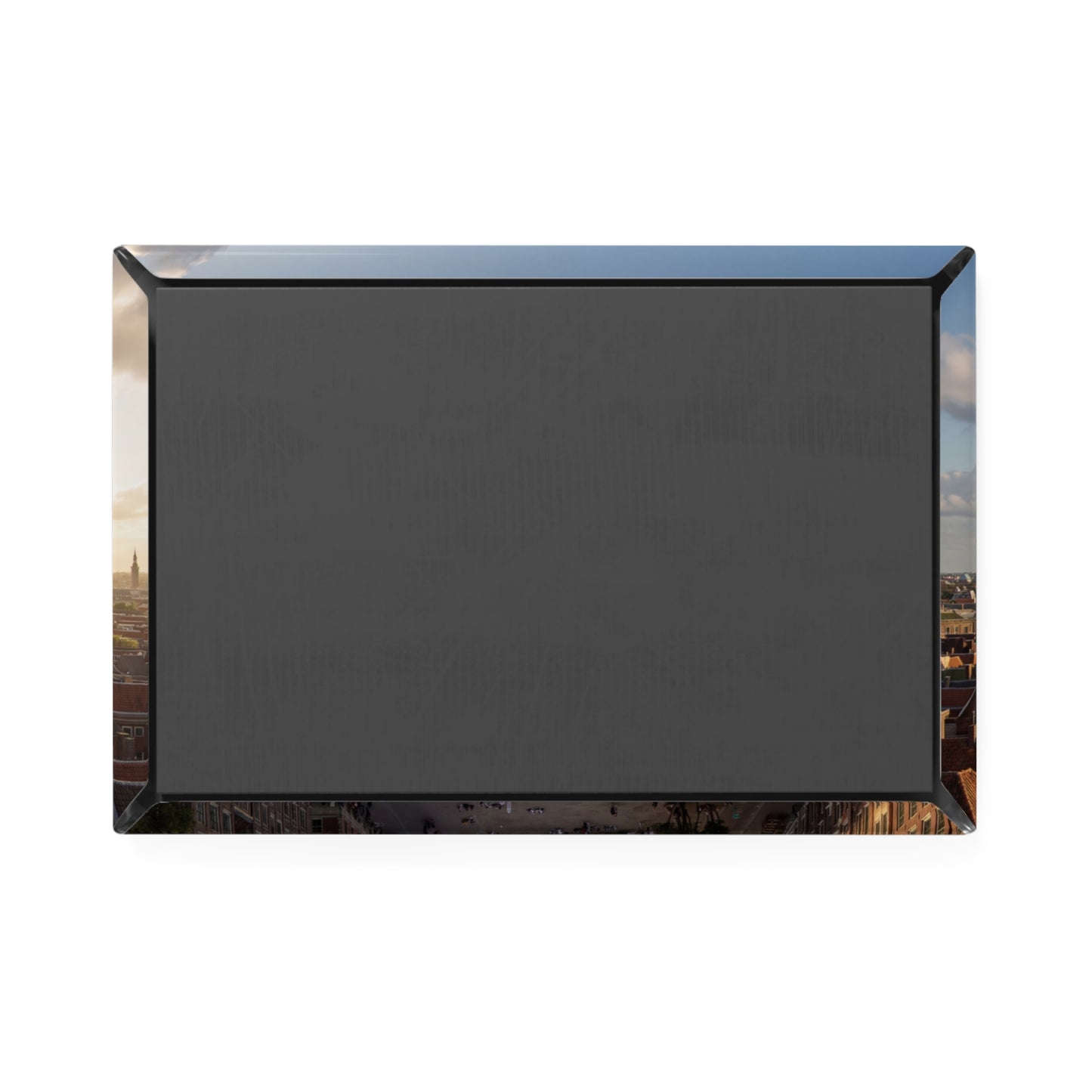 Rocket Over Amsterdam Skyline Button Magnet, Rectangle (1 & 10 pcs) – Dawn’s Silent Ascent Through Brick Canals