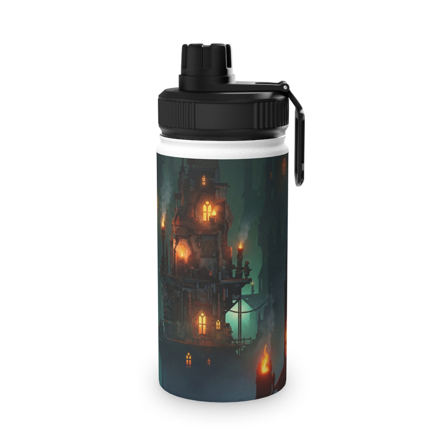 Floating City at Dusk Stainless Steel Water Bottle, Sports Lid – Amber Lanterns Over Misty Skyline