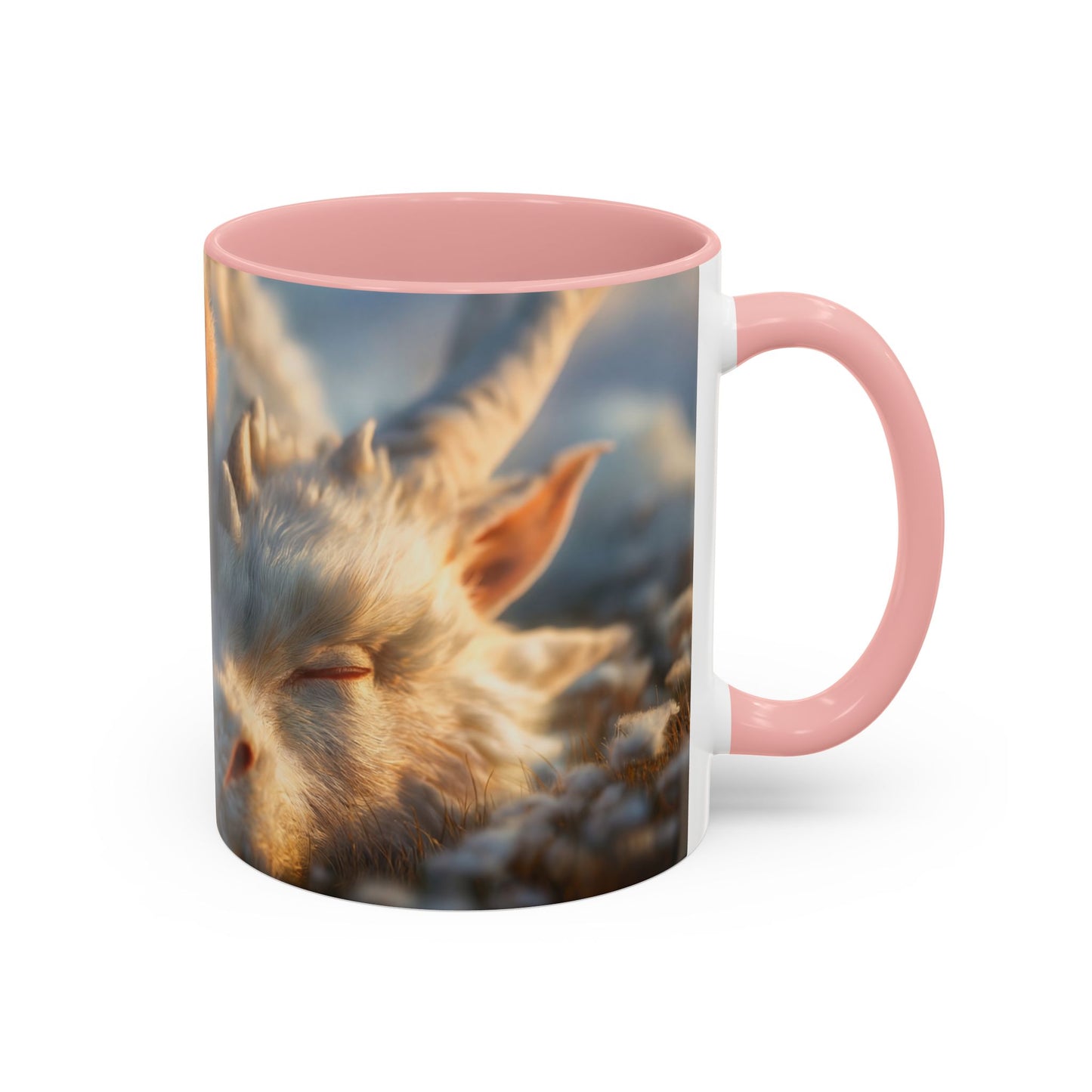 Winter Guardian Accent Coffee Mug (11, 15oz) – Fur-Hooded Child Sleeping Beside White Dragon Sentinel