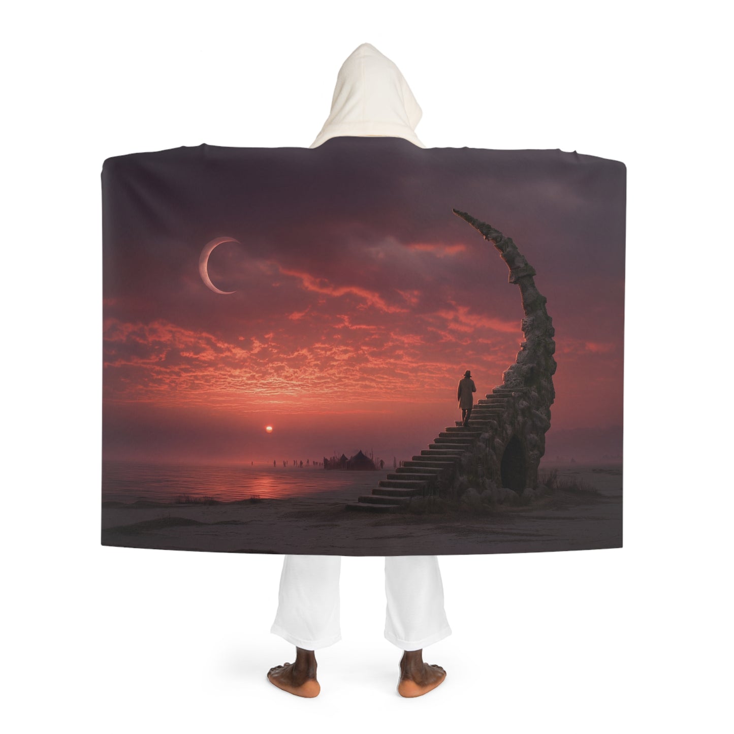 Crimson Horizon Staircase Hooded Sherpa Fleece Blanket – Twilight Sentinel’s Ascent to the Moonlit Cusp