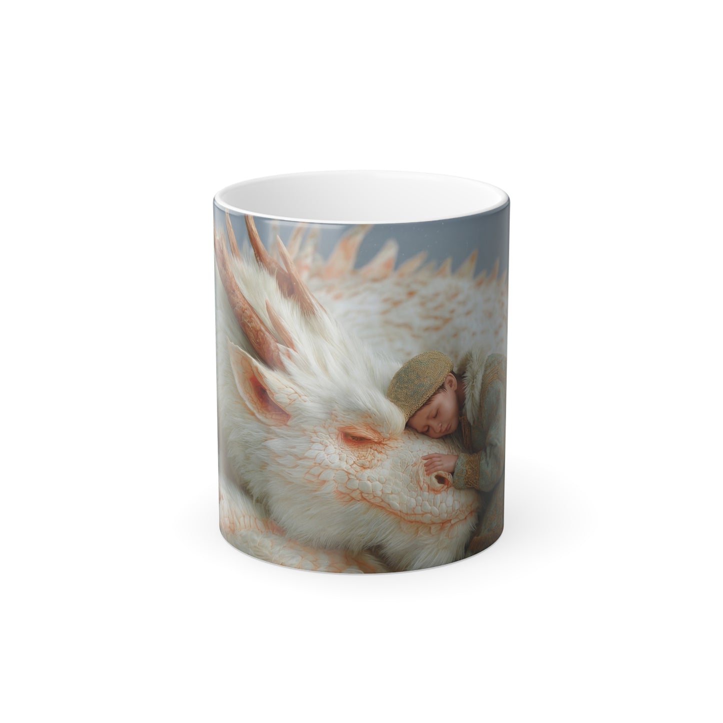 Slumbering Dragon & Child Color Morphing Mug, 11oz – Icy Blue and Cream Cozy Companion