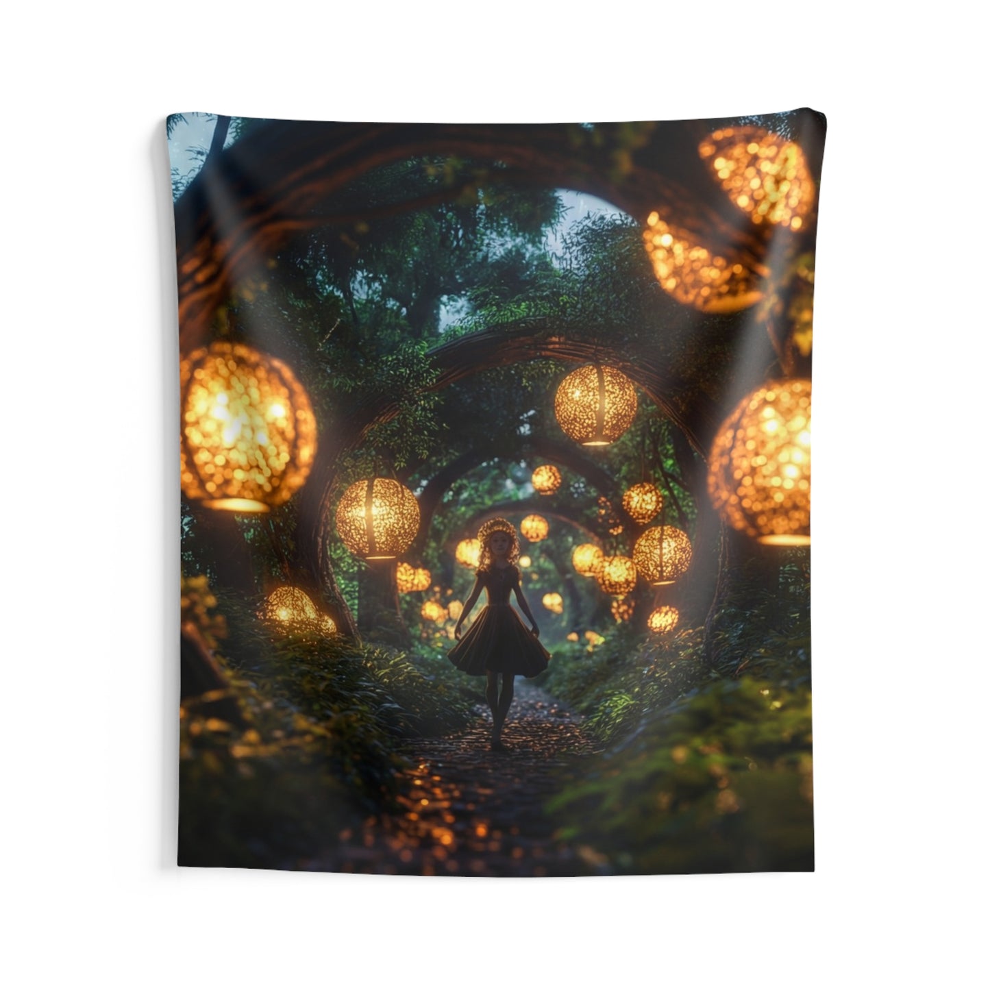 Girl Among Glowing Lanterns Indoor Wall Tapestries – Whispering Forest Pathway