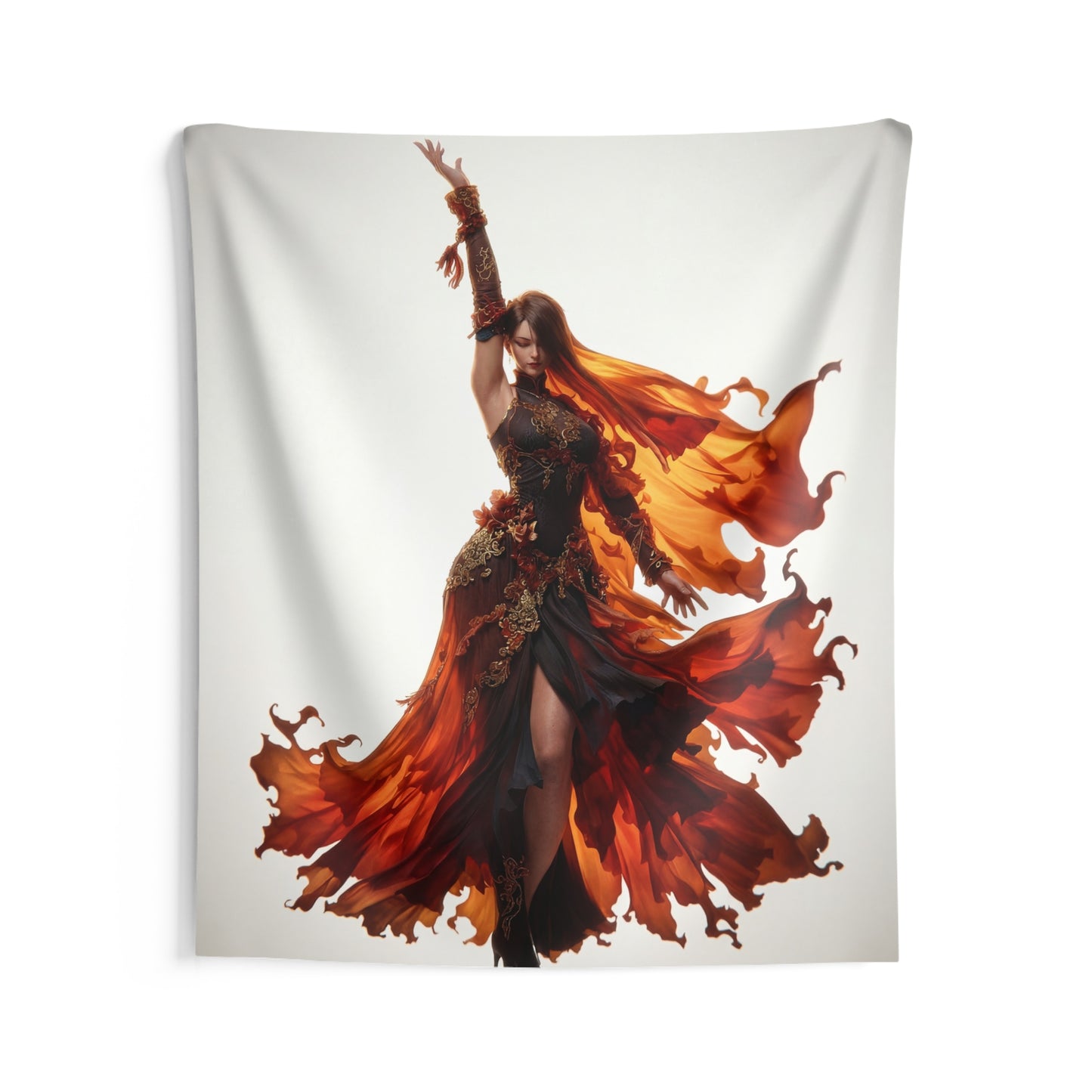 Flame-Dancer Goddess Indoor Wall Tapestries – Crimson Whirlwind Grace