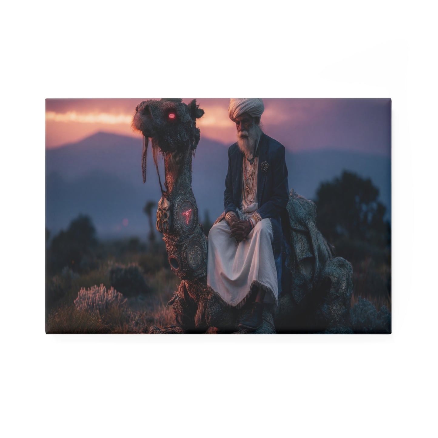 Mystic Camel Rider Button Magnet, Rectangle (1 & 10 pcs) – Sunset Serenity with Glowing Eye