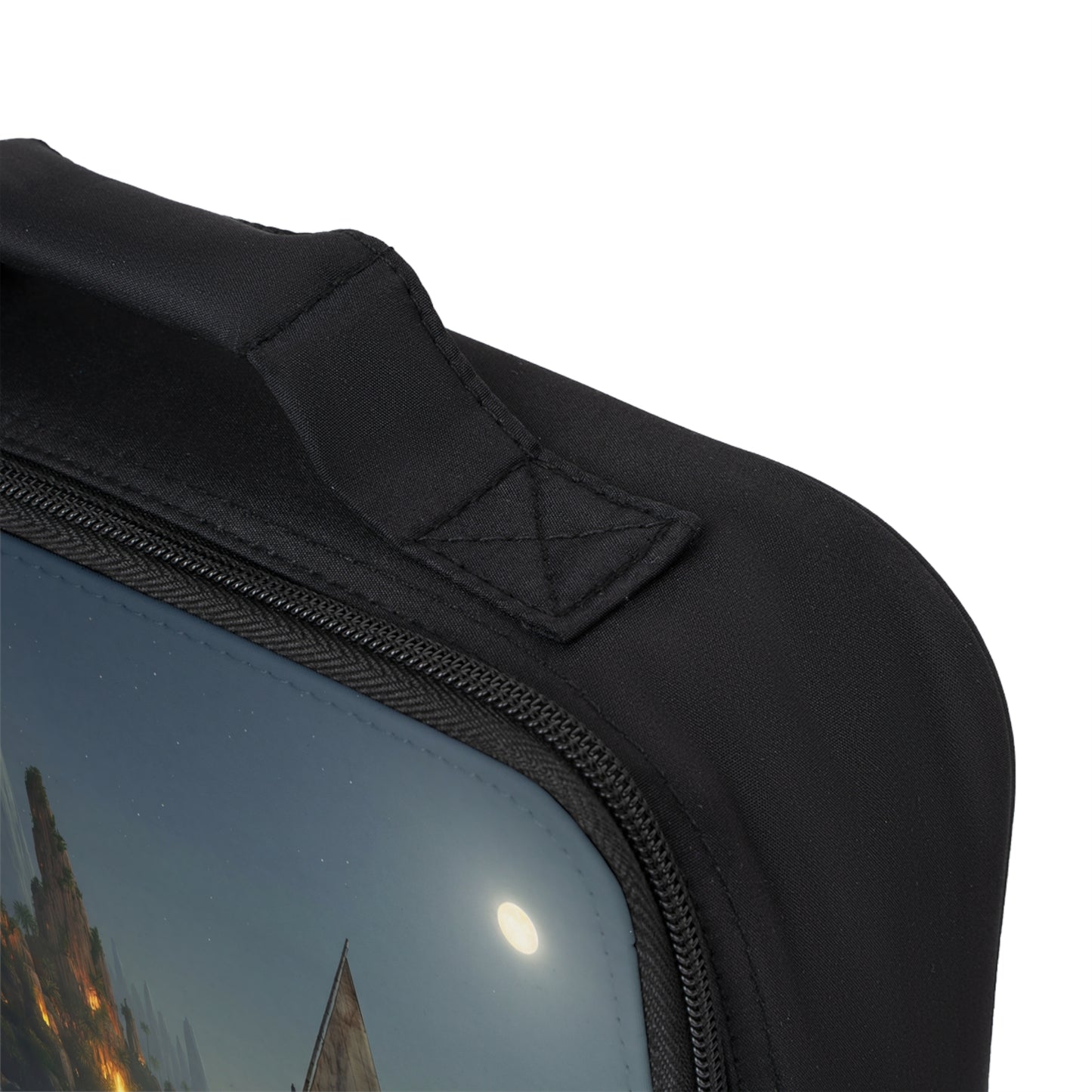 Moonlit Sailboat River Journey Lunch Bag – Warm Glow Through Whispering Peaks