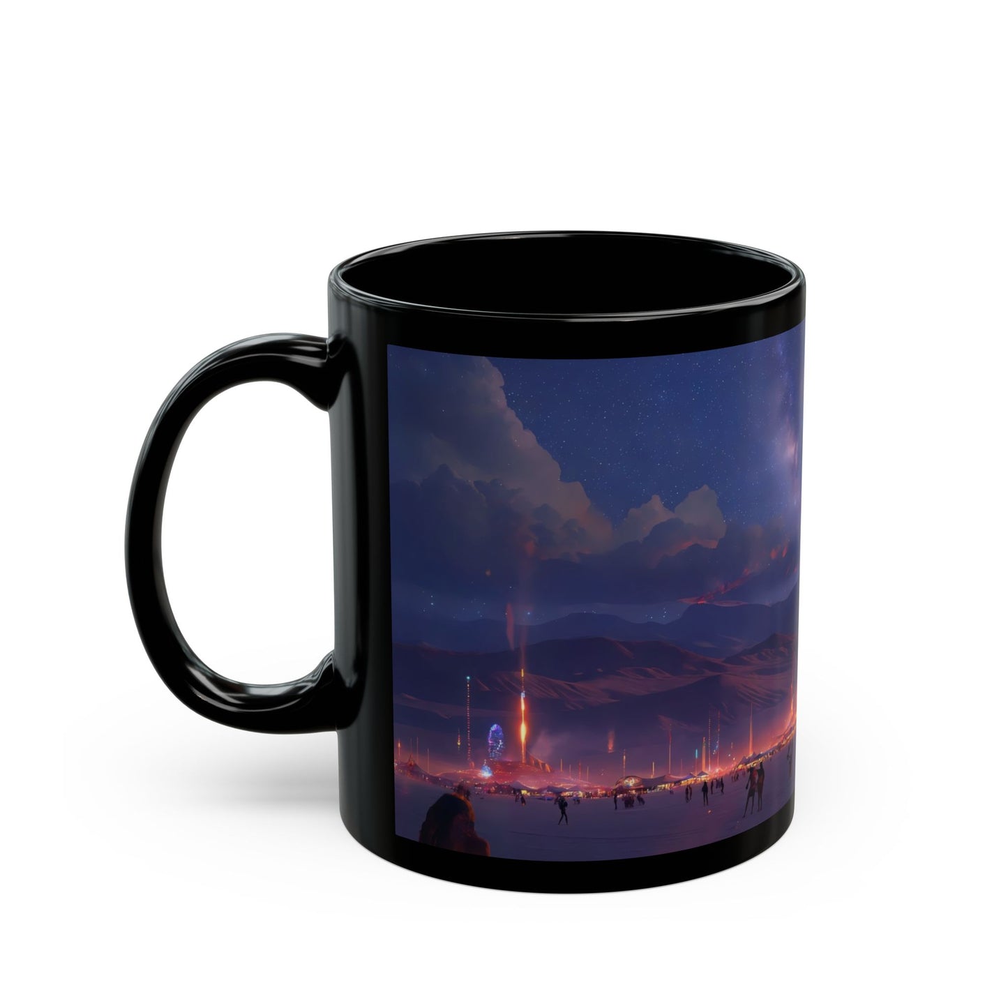 Cosmic Spire Black Mug – Neon Desert Temple Dreamscape