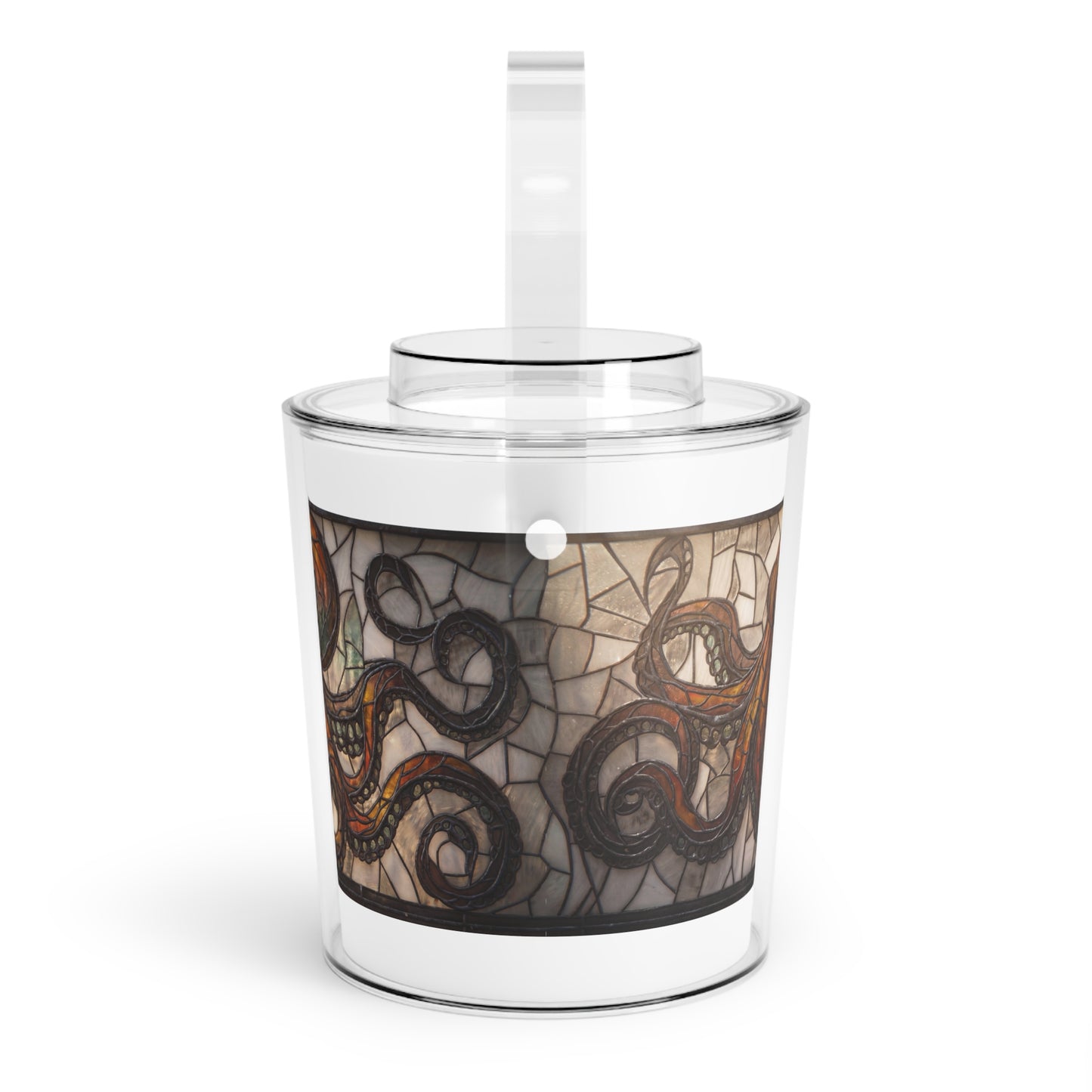 Stained Glass Octopus Ice Bucket with Tongs – Amber Depths & Iron Lace