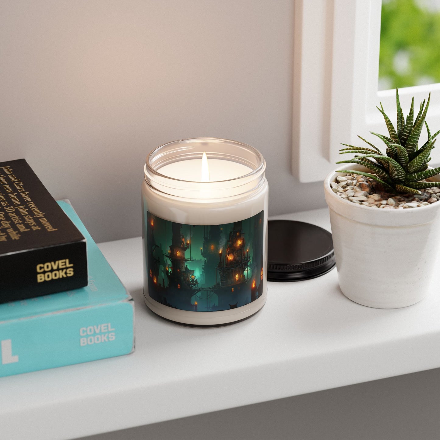Hanging City Scented Soy Candle, 9oz – Amber Glow Through Misty Gears