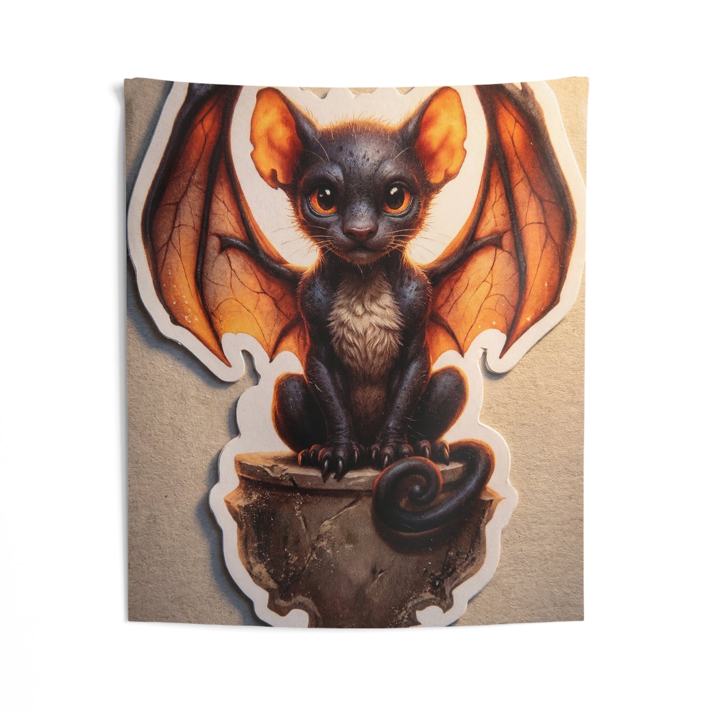 Winged Feline Sentinel Indoor Wall Tapestries – Warm Glow in Midnight Wings