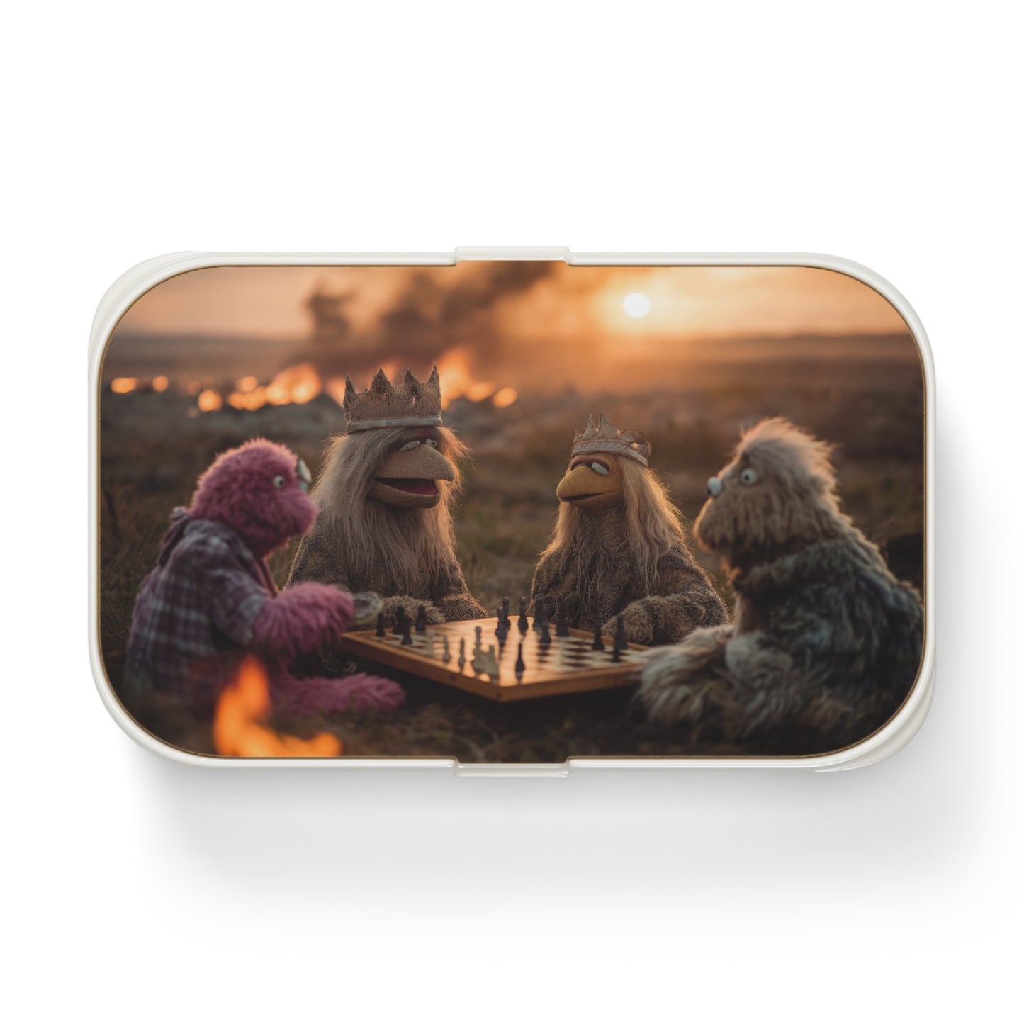 Sunset Chess Kings Bento Lunch Box – Whimsical Puppet Strategy Session