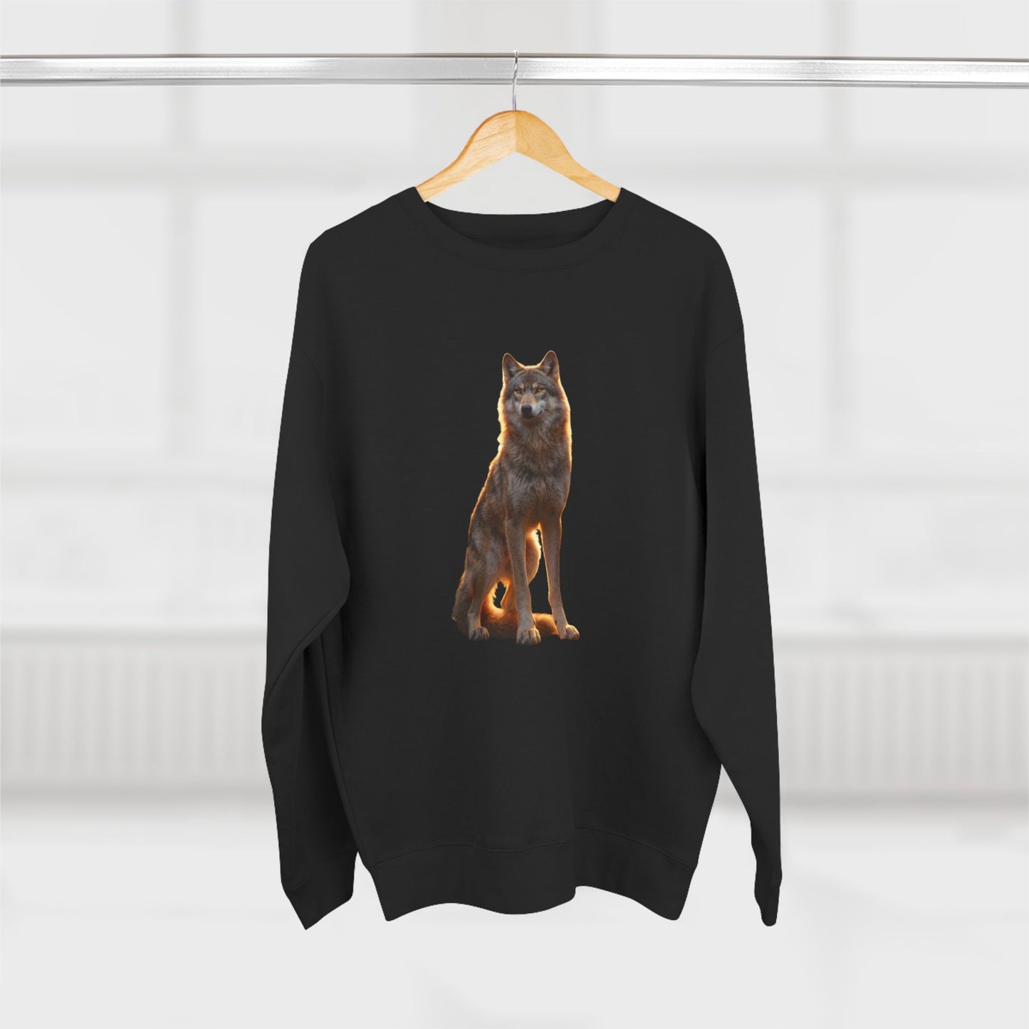 Sunset Sentinel Wolf Sweatshirt – Amber-Lit Canine Guardian Crewneck