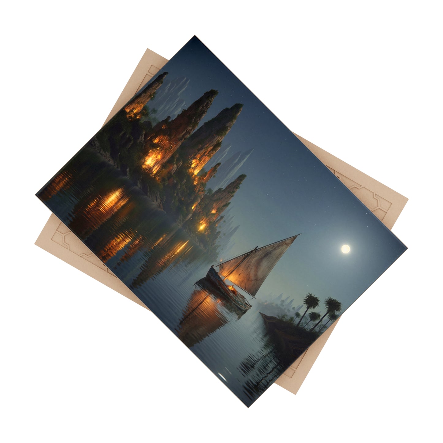 Moonlit River Voyage Ceramic Photo Tile – Warm Light Through Ancient Peaks