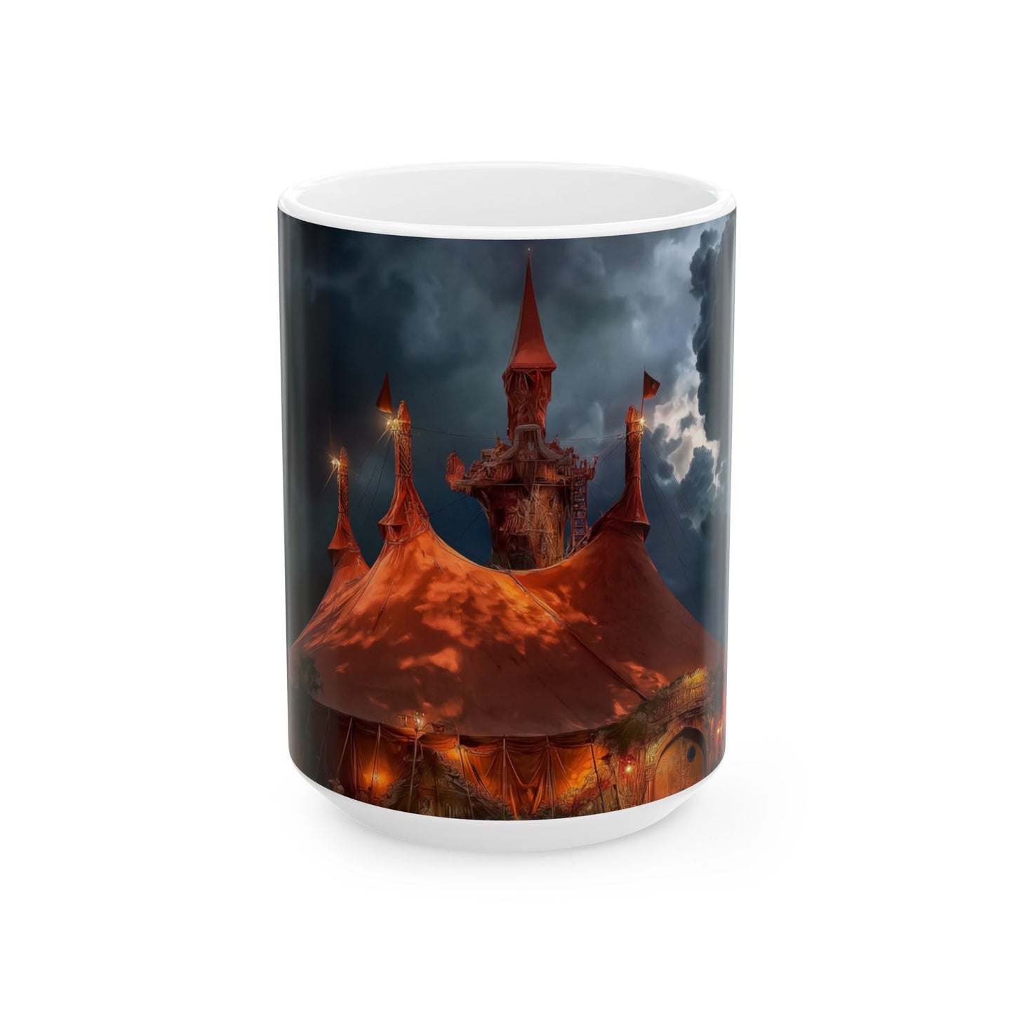 Crimson Circus Tent Ceramic Mug – Midnight Carnival Dreamscape