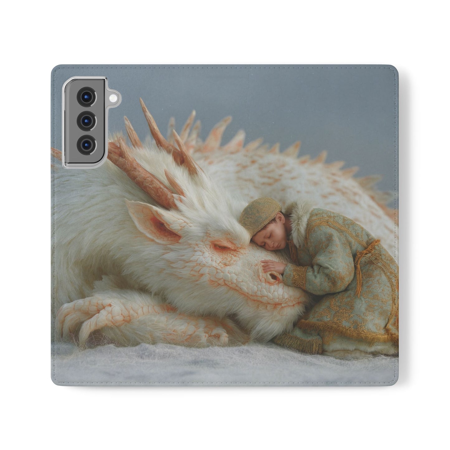 Sleeping Child and Dragon Flip Cases – Snowy Guardian Embrace