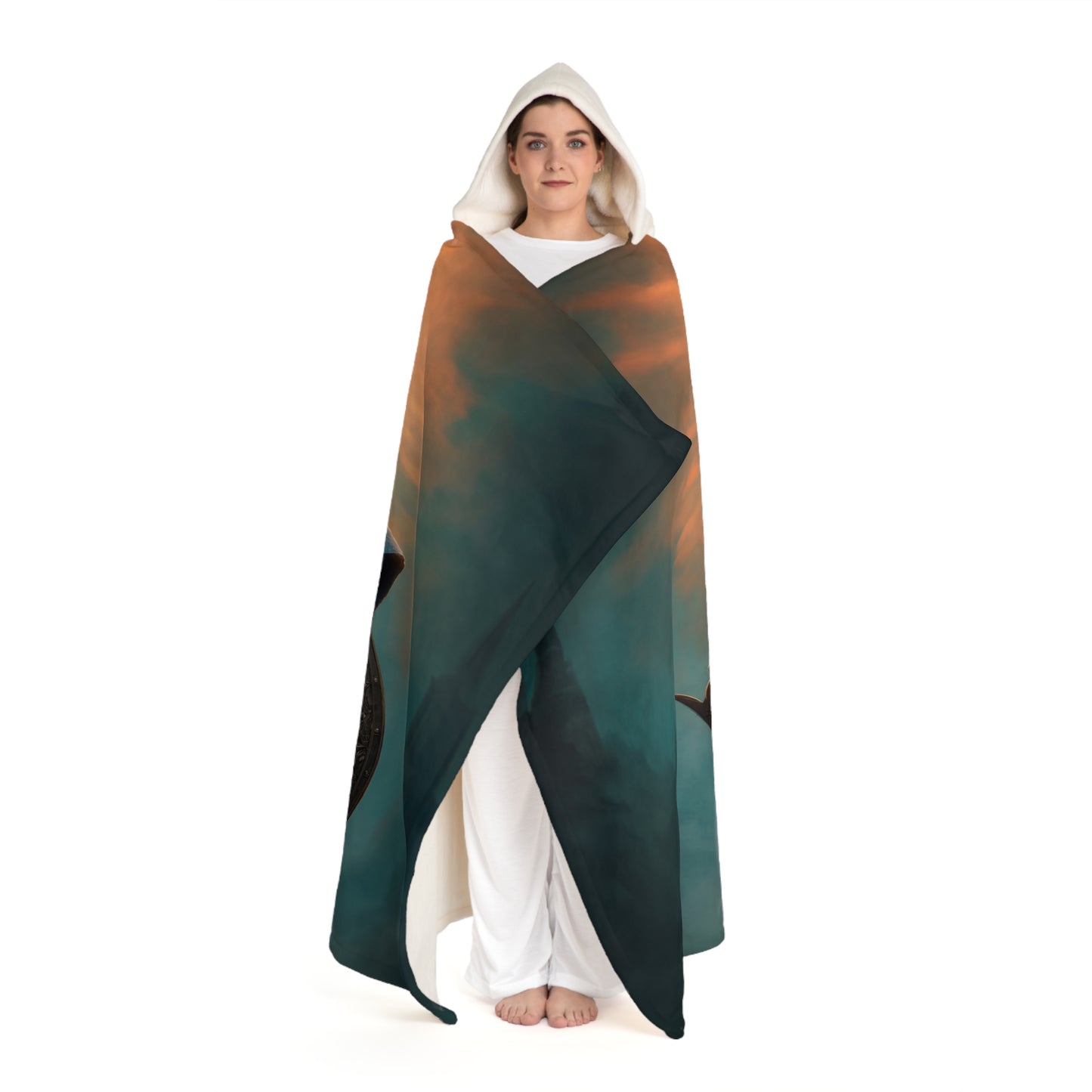 Dawnblade Sentinel Hooded Sherpa Fleece Blanket – Sunlit Resolve in Misty Ruins