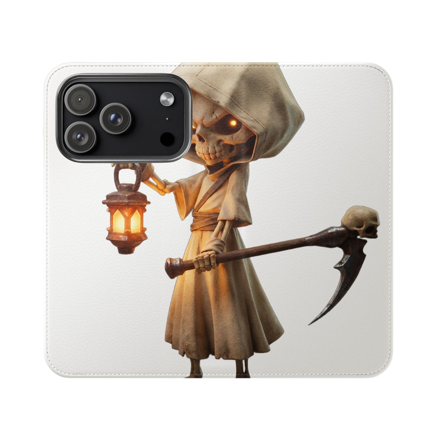 Lantern-Bearing Sentinel Flip Cases – Hooded Guardian with Scythe and Warm Glow