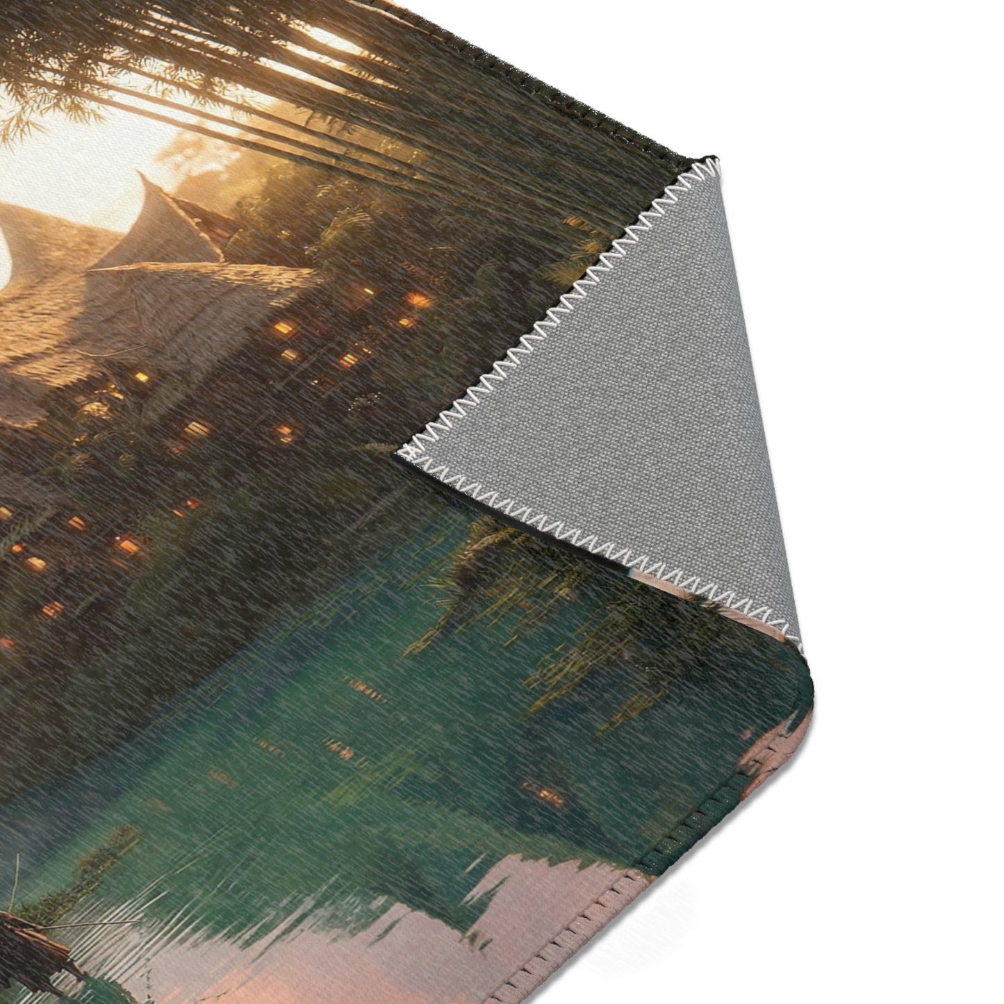 Bamboo River Village Rug – Sunset Serenity with Stilt House Reflections