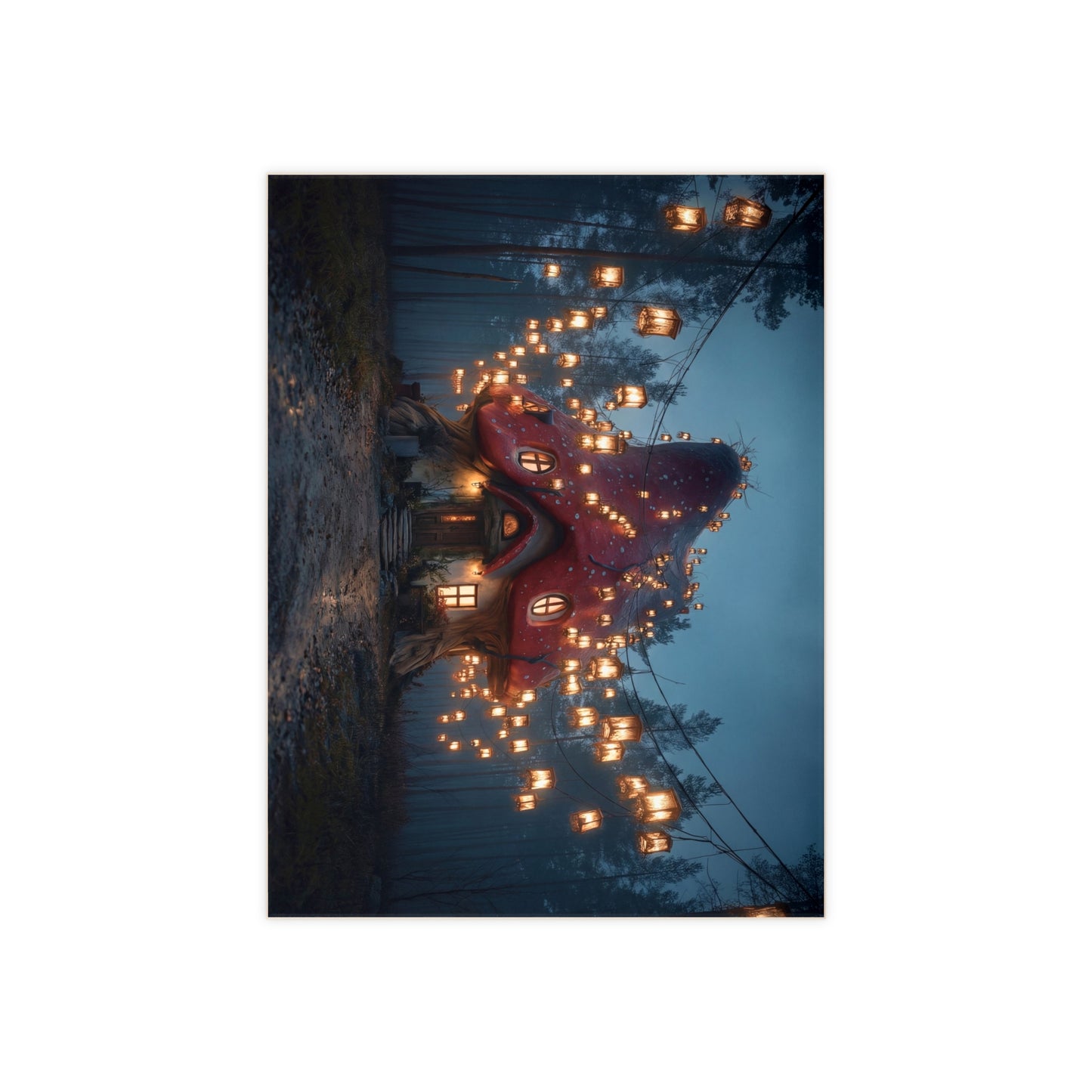 Mushroom Cottage Under Lanterns Ceramic Photo Tile – A Whisper of Twilight Magic