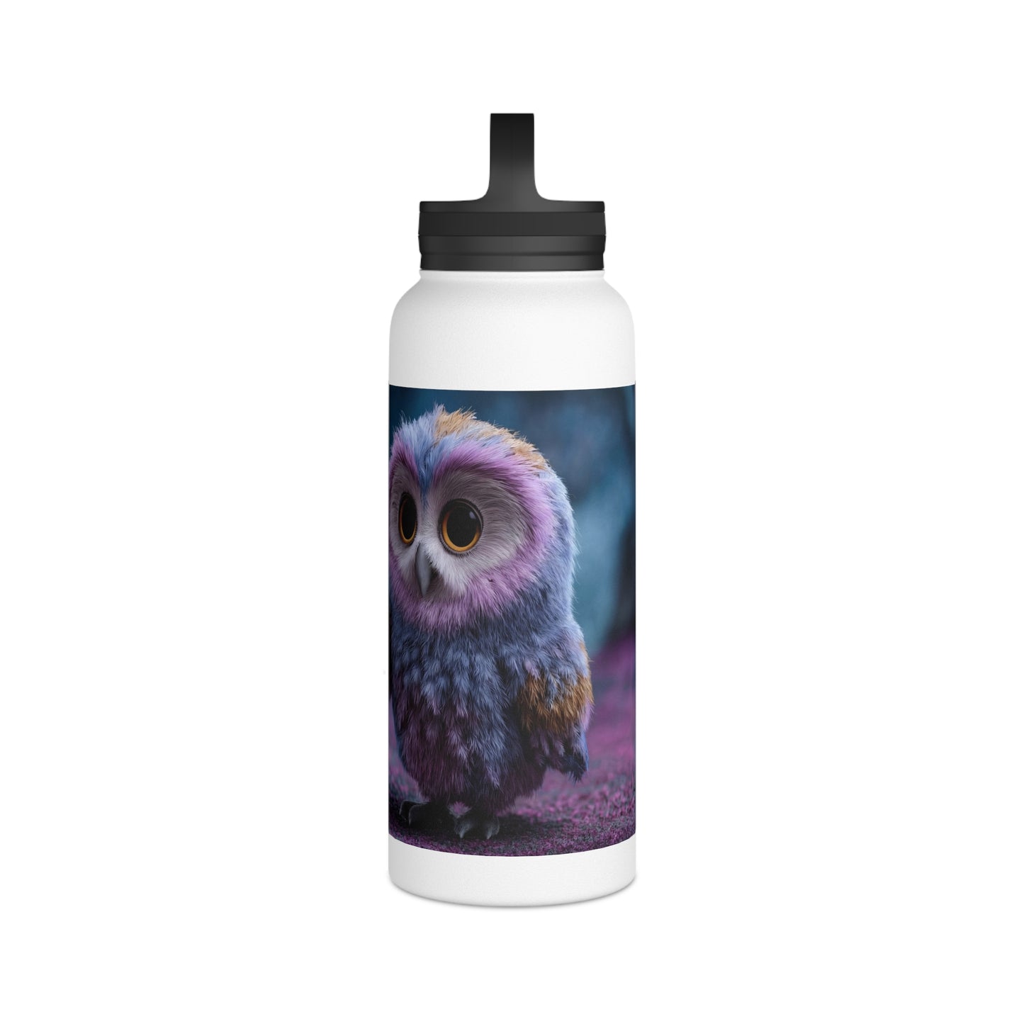 Velvet Owl With Heart Stainless Steel Water Bottle, Handle Lid – Midnight Whimsy Companion