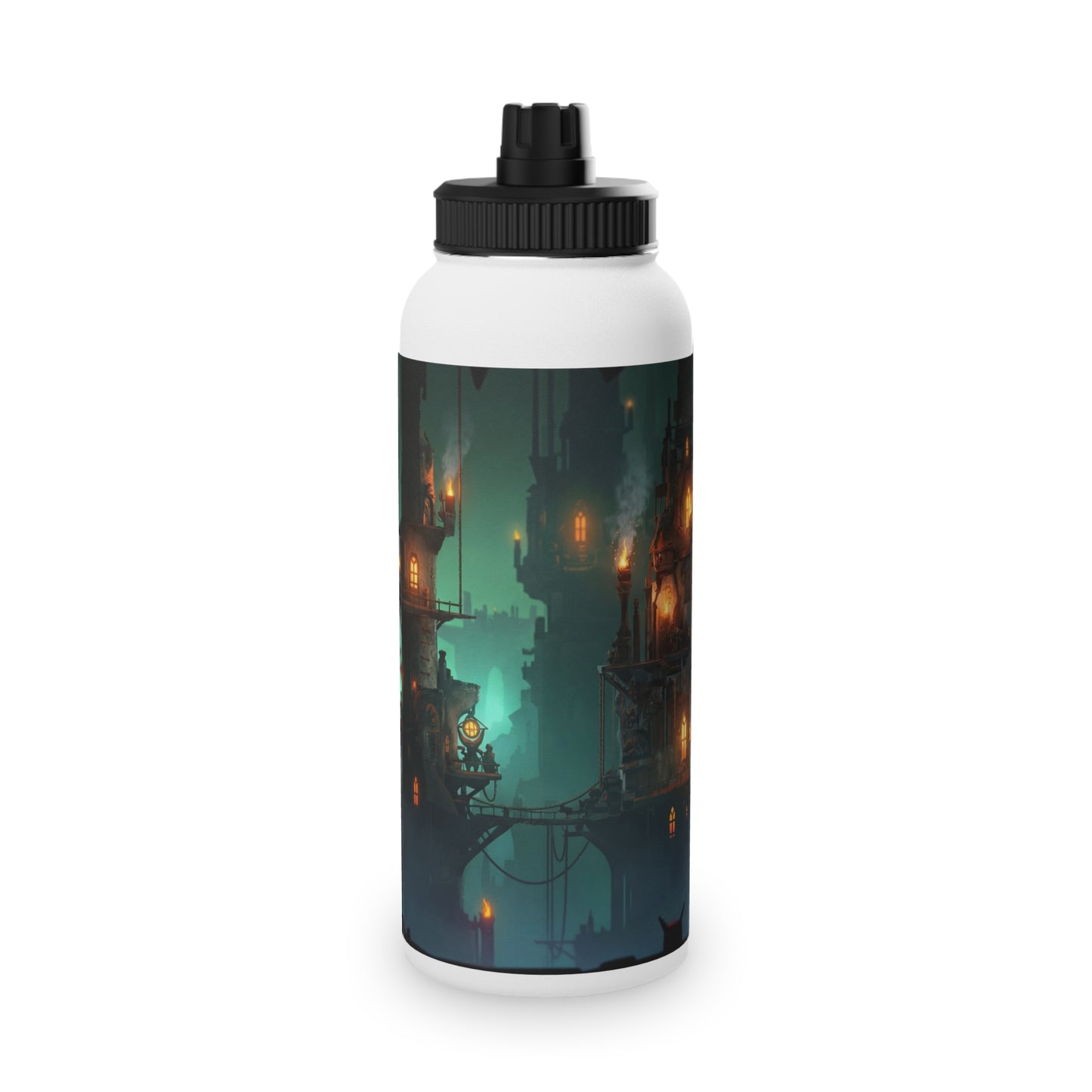 Floating City at Dusk Stainless Steel Water Bottle, Sports Lid – Amber Lights in the Mist